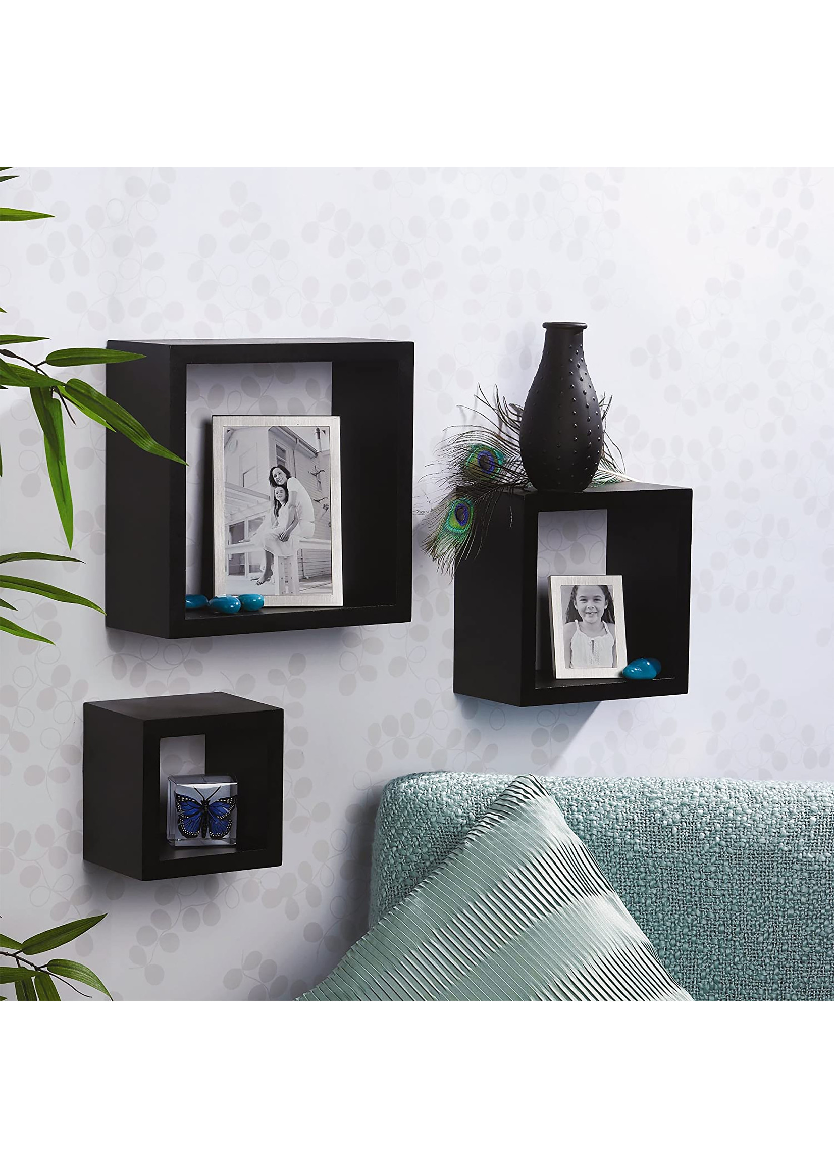 ITY INTERNATIONAL S/3 BLACK WOOD CUBES WALL SHELF