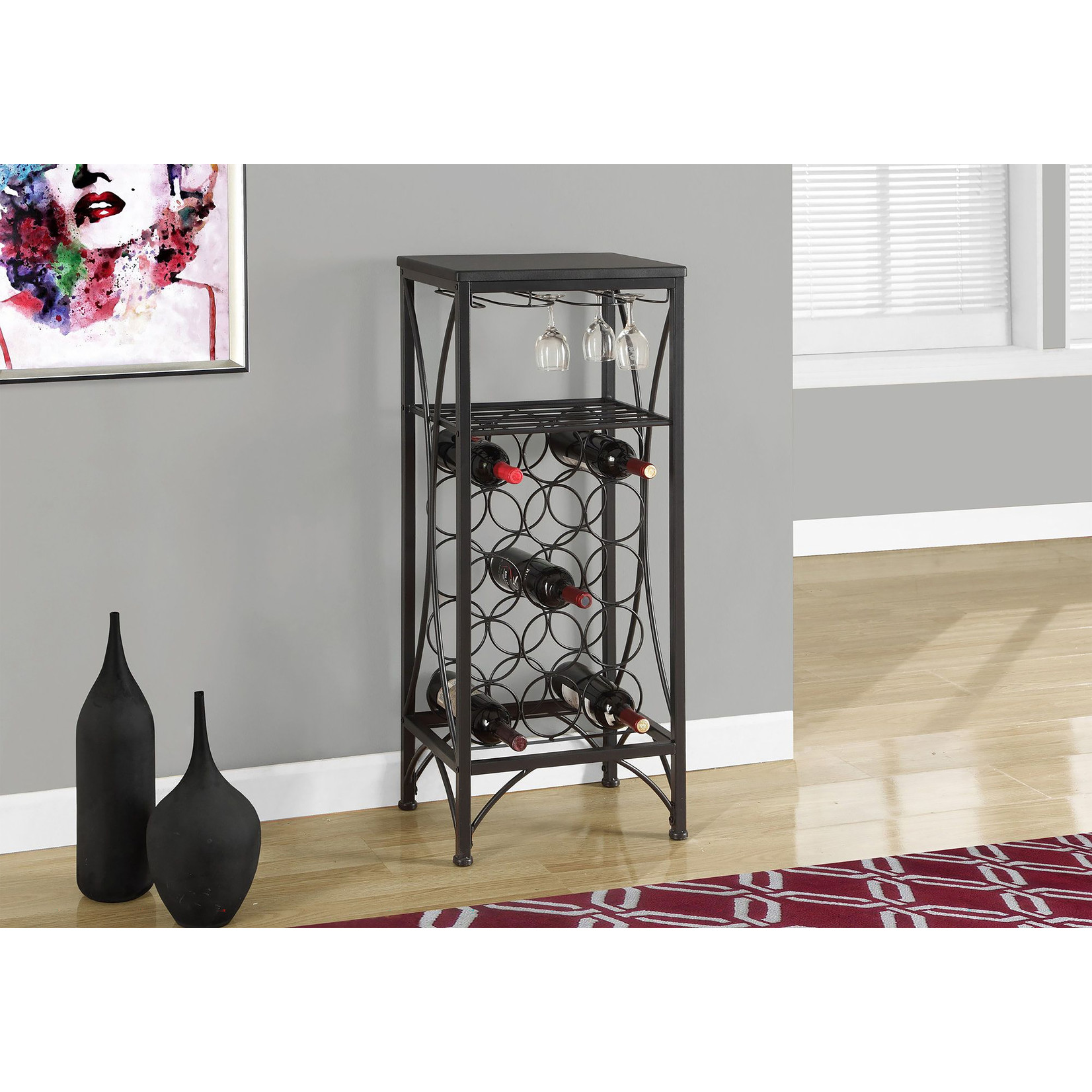 MONARCH I 3347 HOME BAR - BLACK METAL WINE BOTTLE & GLASS RACK - 40" H