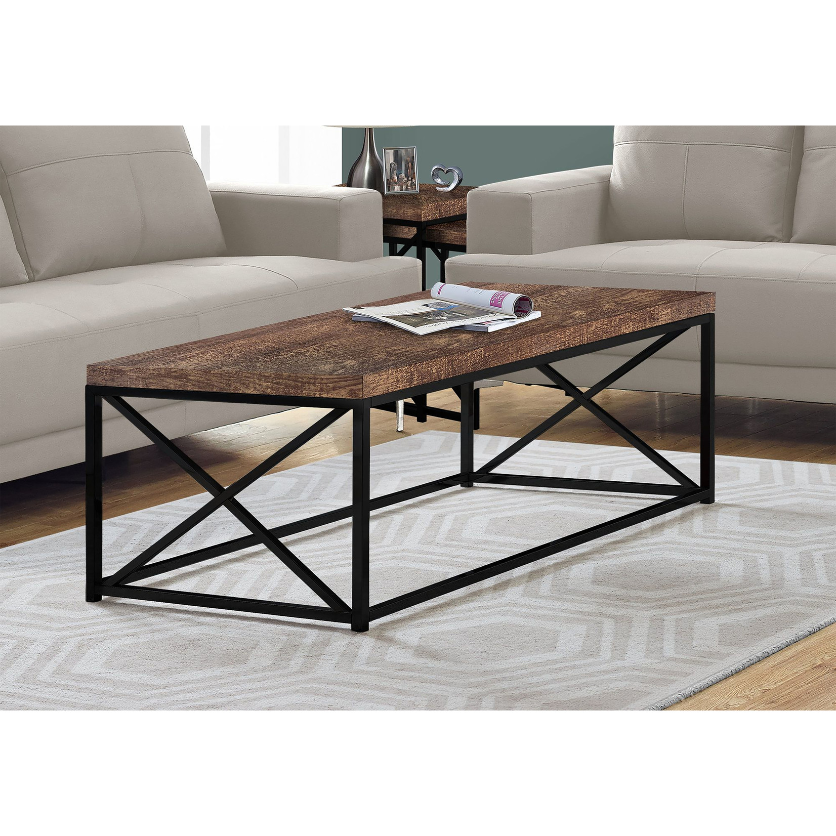 TABLE DE SALON - FAUX BOIS BRUN / METAL NOIR