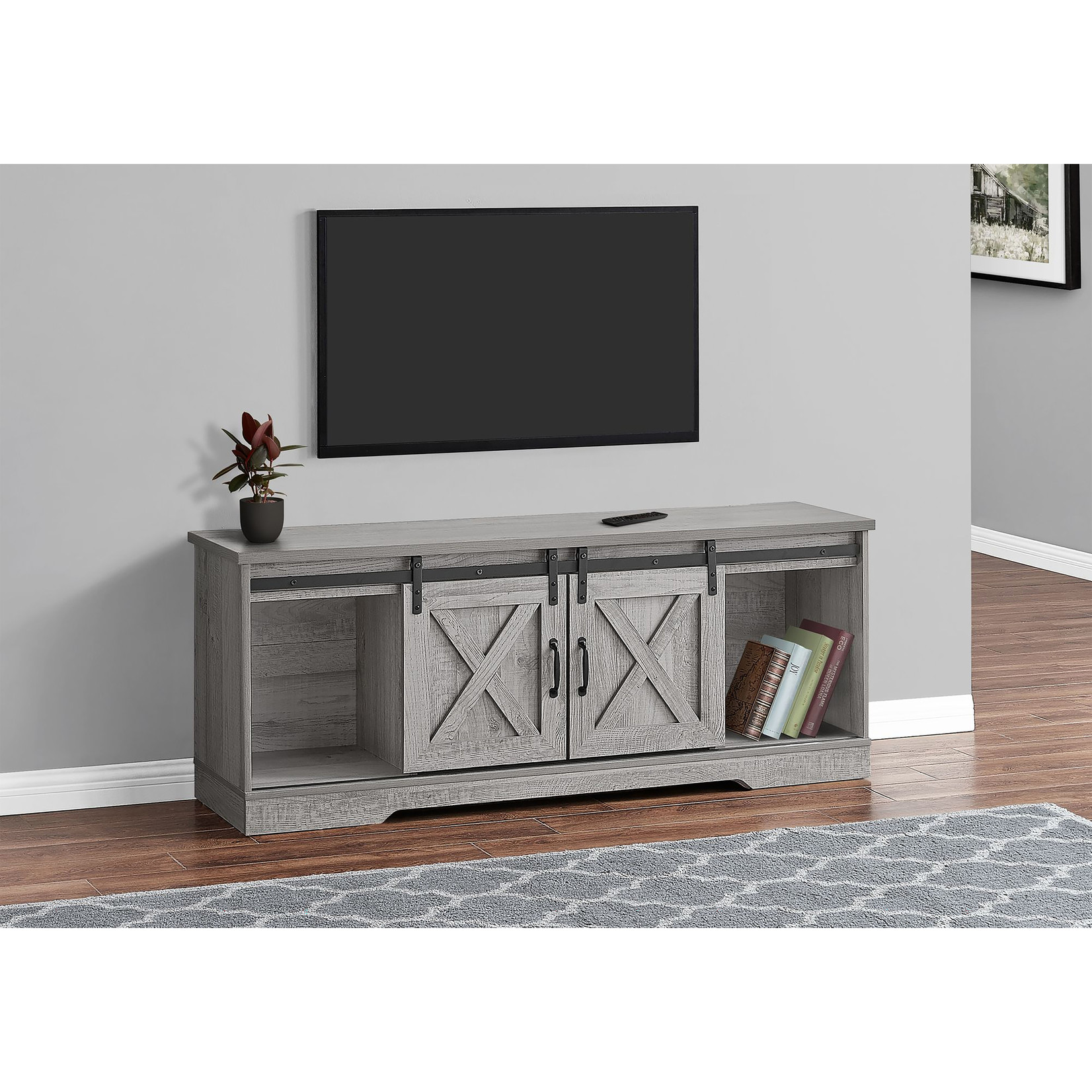 TV STAND - 60"L / Grey With 2 Sliding Doors