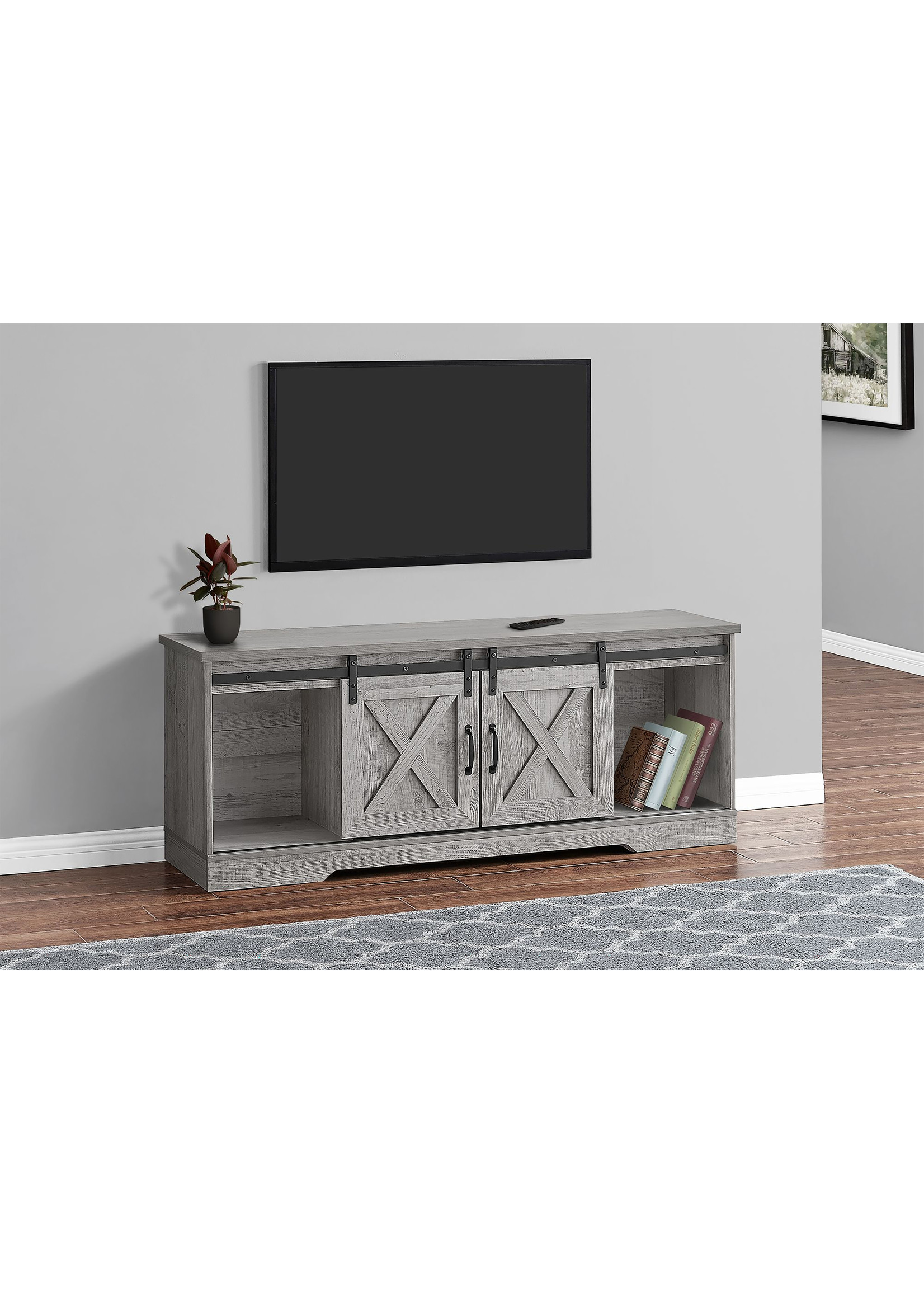 TV STAND - 60"L / Grey With 2 Sliding Doors