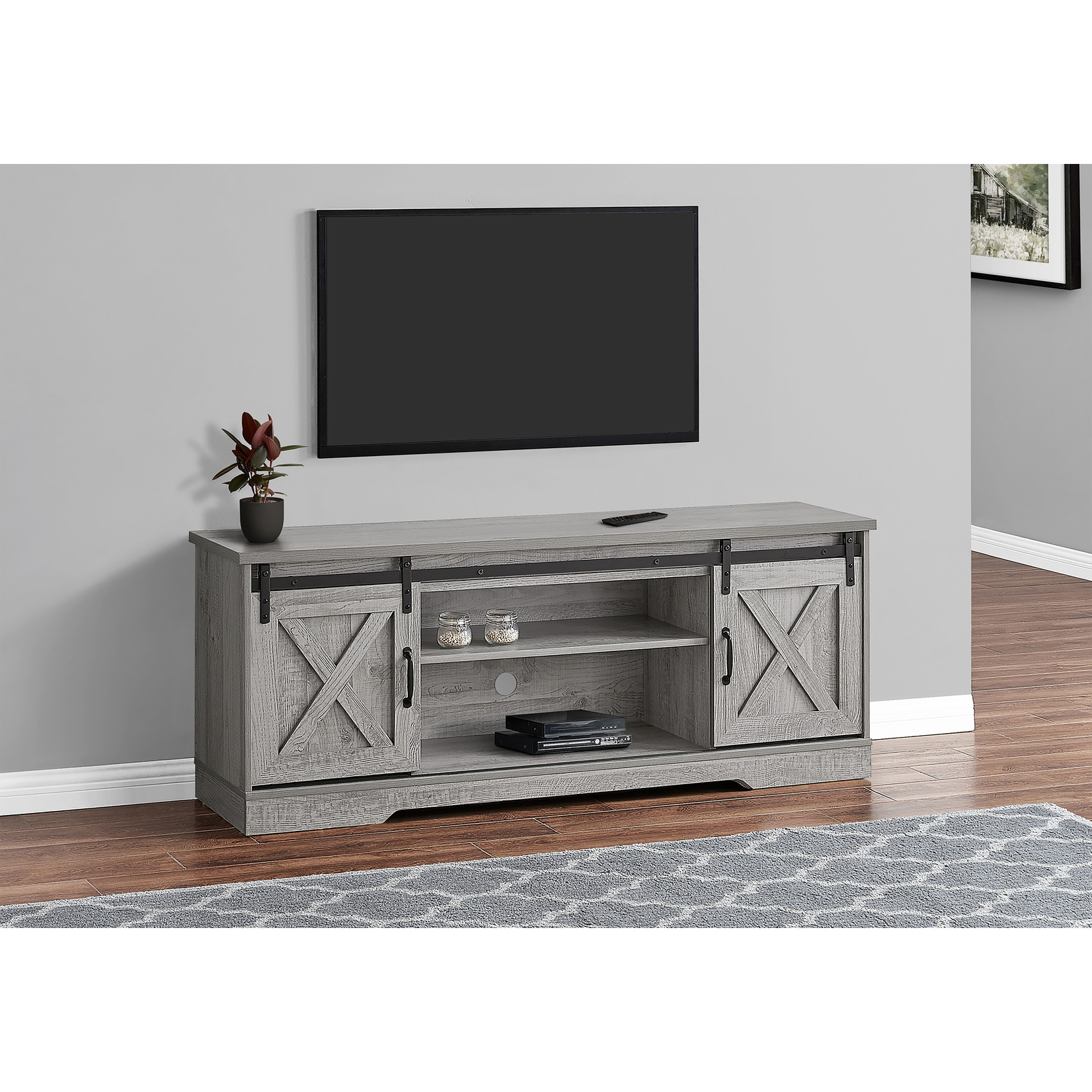 TV STAND - 60"L / Grey With 2 Sliding Doors