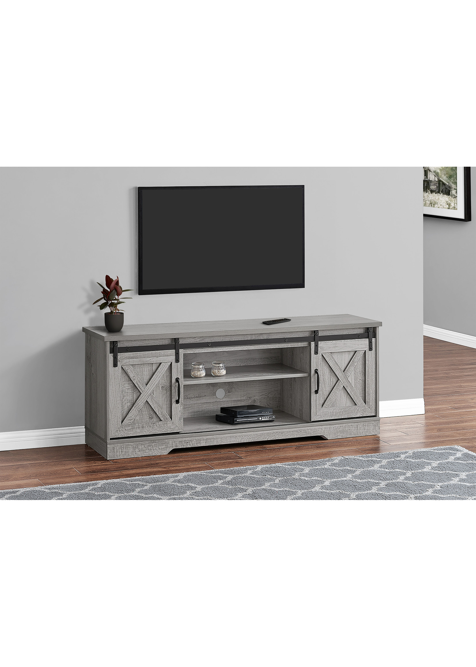 TV STAND - 60"L / Grey With 2 Sliding Doors