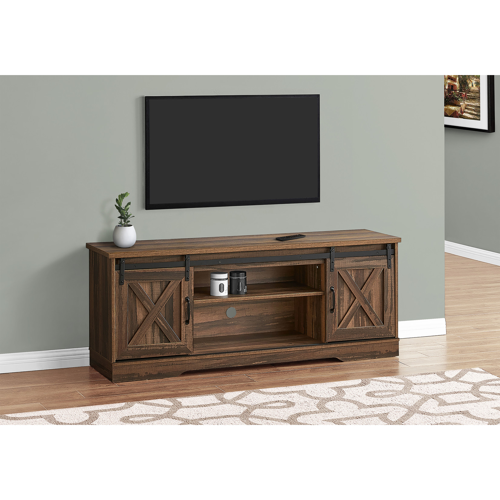 MEUBLE TV - 60"L / Bois Brun avec 2 Portes Coulissantes