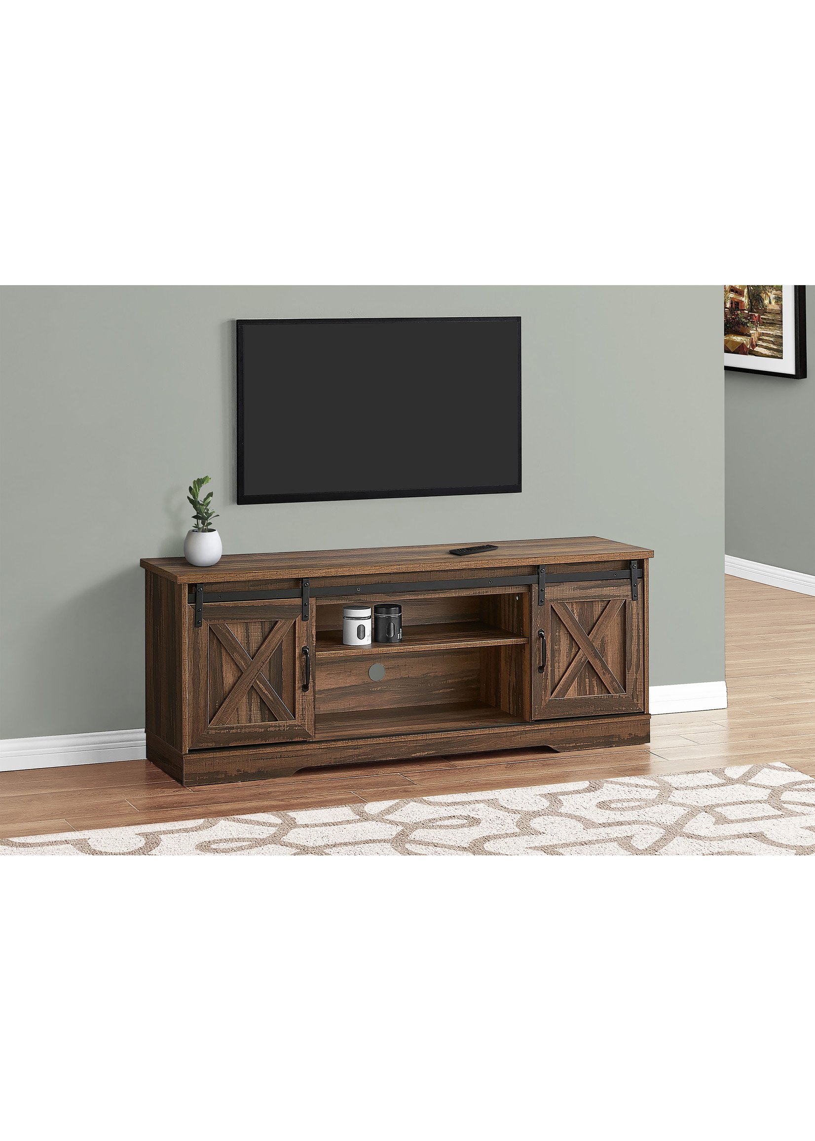 MEUBLE TV - 60"L / Bois Brun avec 2 Portes Coulissantes