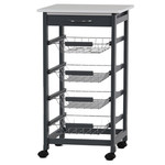 4 TIERS WOOD KITCHEN TROLLEY WITH METAL BASKET