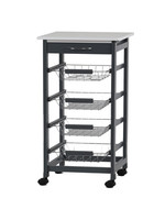 4 TIERS WOOD KITCHEN TROLLEY WITH METAL BASKET