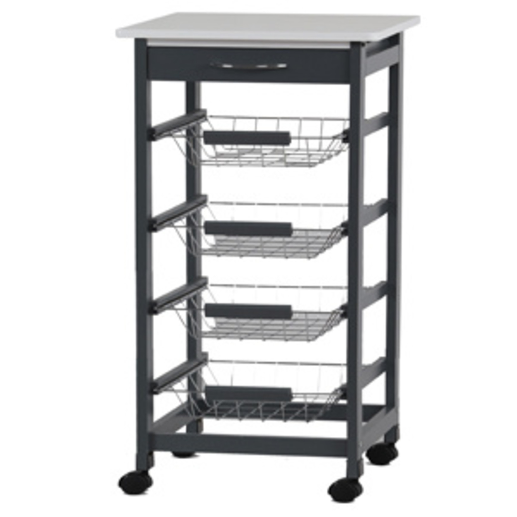 4TIER KITCHEN TROLLEY WITH METAL BASKET GREY