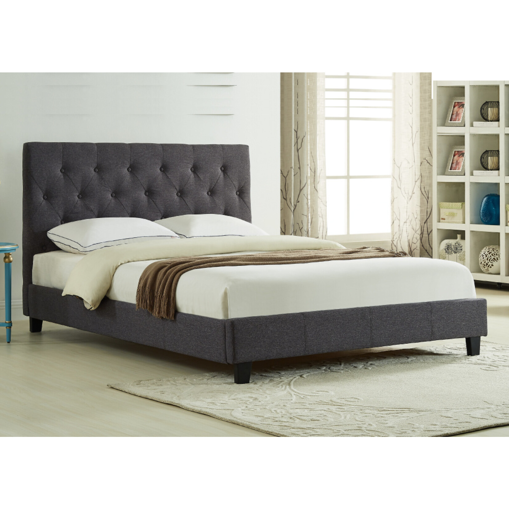 Dark Grey Button Tufted Upholstered Platform Bed