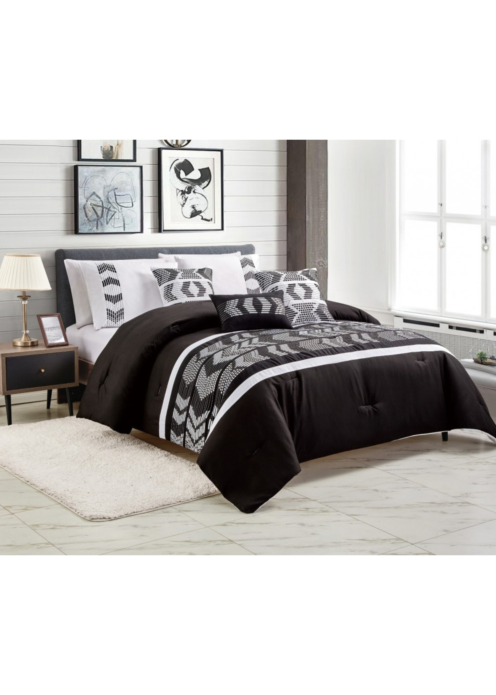 6PCS LAURENT EMB COMFORTER SET KING  BLK/WHI