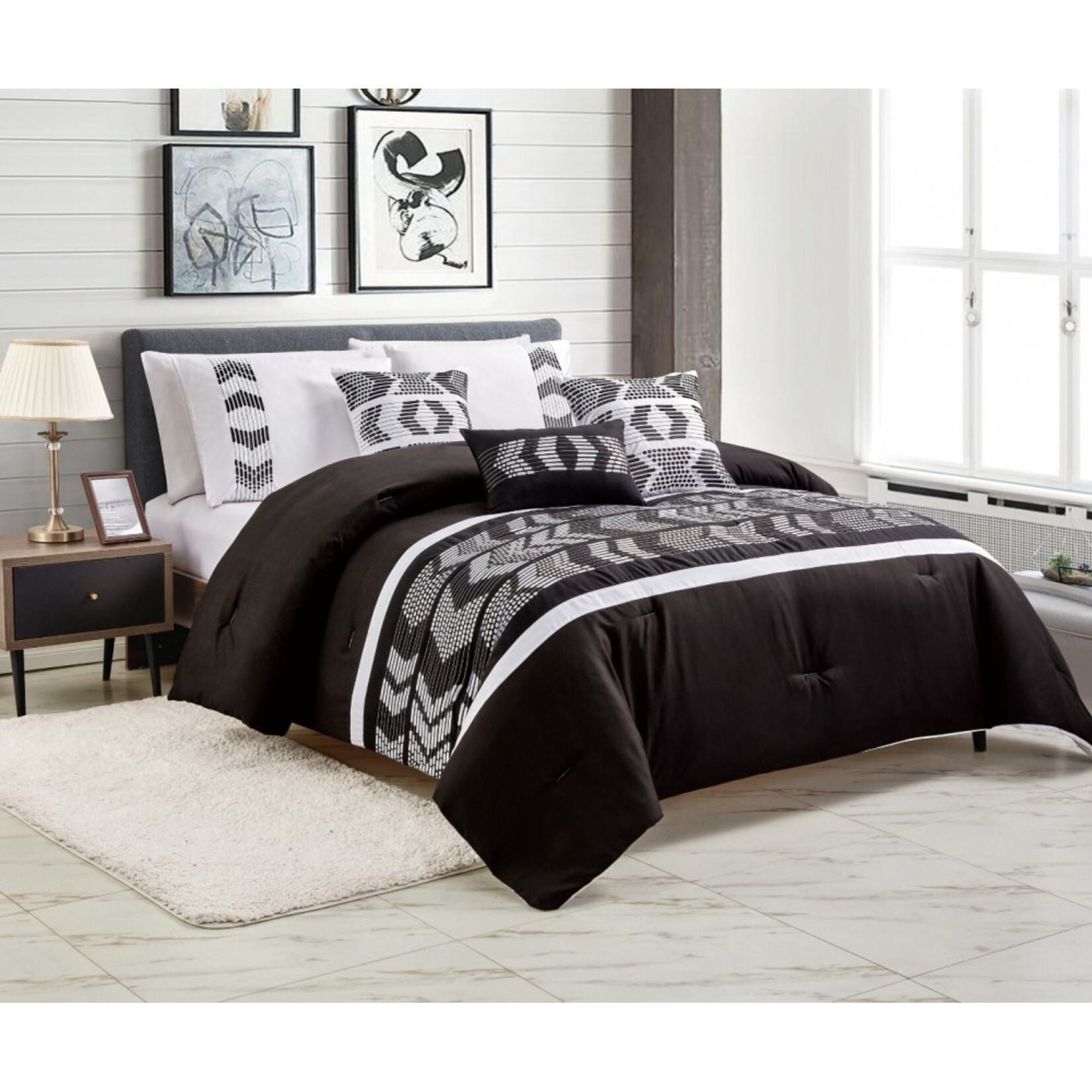 6PCS LAURENT  EMB  COMFORTER SET QUEEN  BLK/WHI