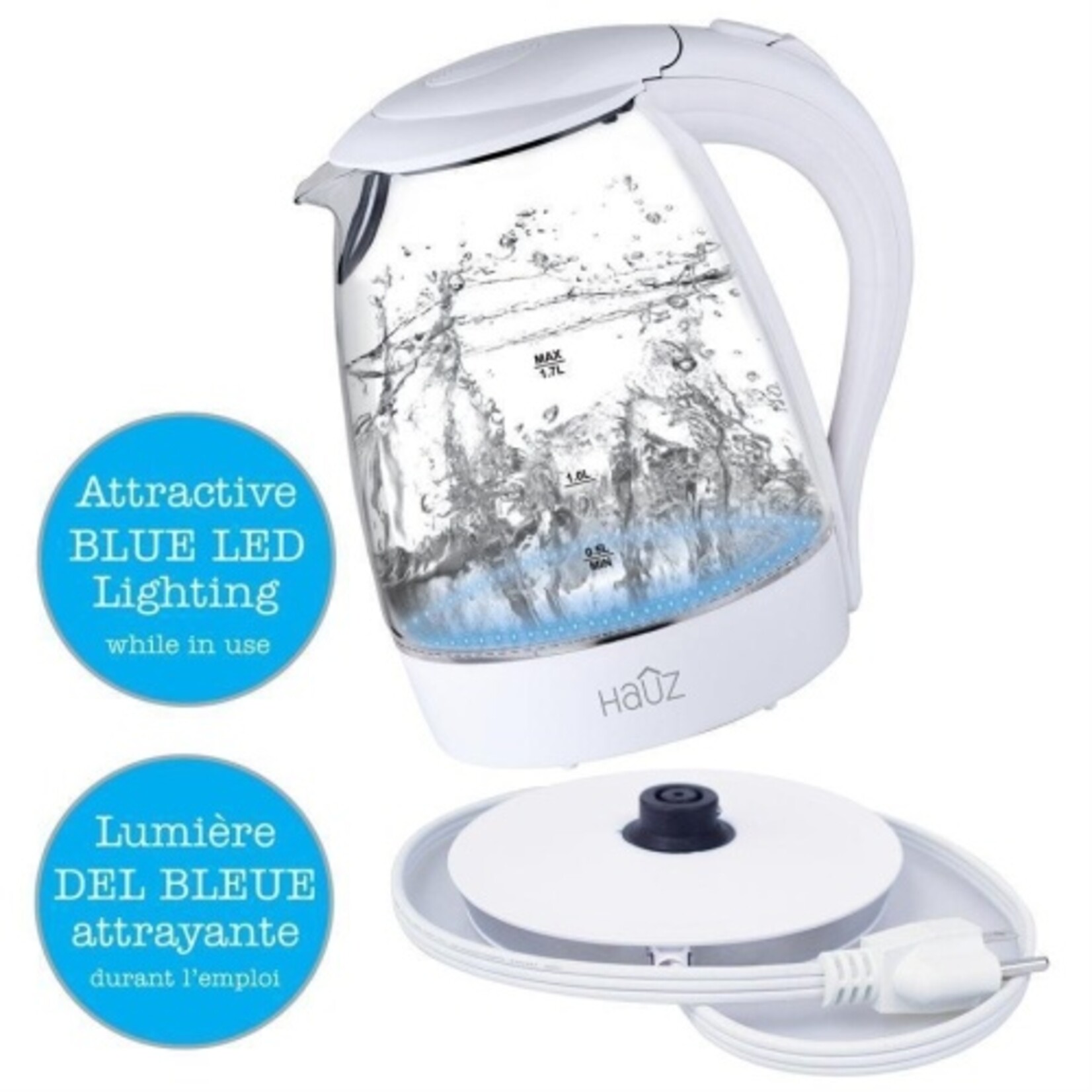 Hauz Bouilloire en verre éclairée par LED bleue 12 tasses 1,7 litre Blanc
