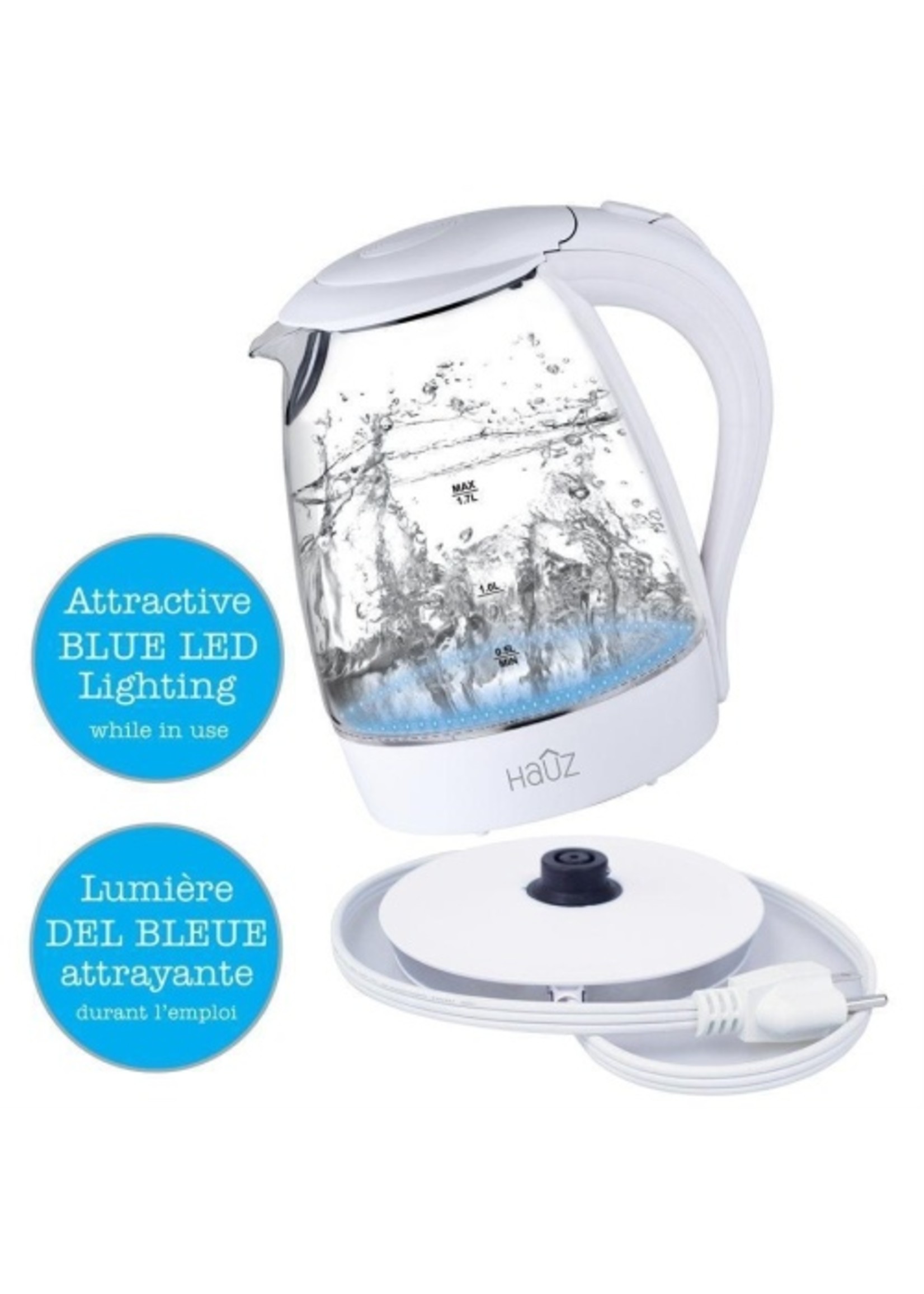 Hauz Blue LED Illuminated Glass Kettle 12 Cups 1.7 Liters White