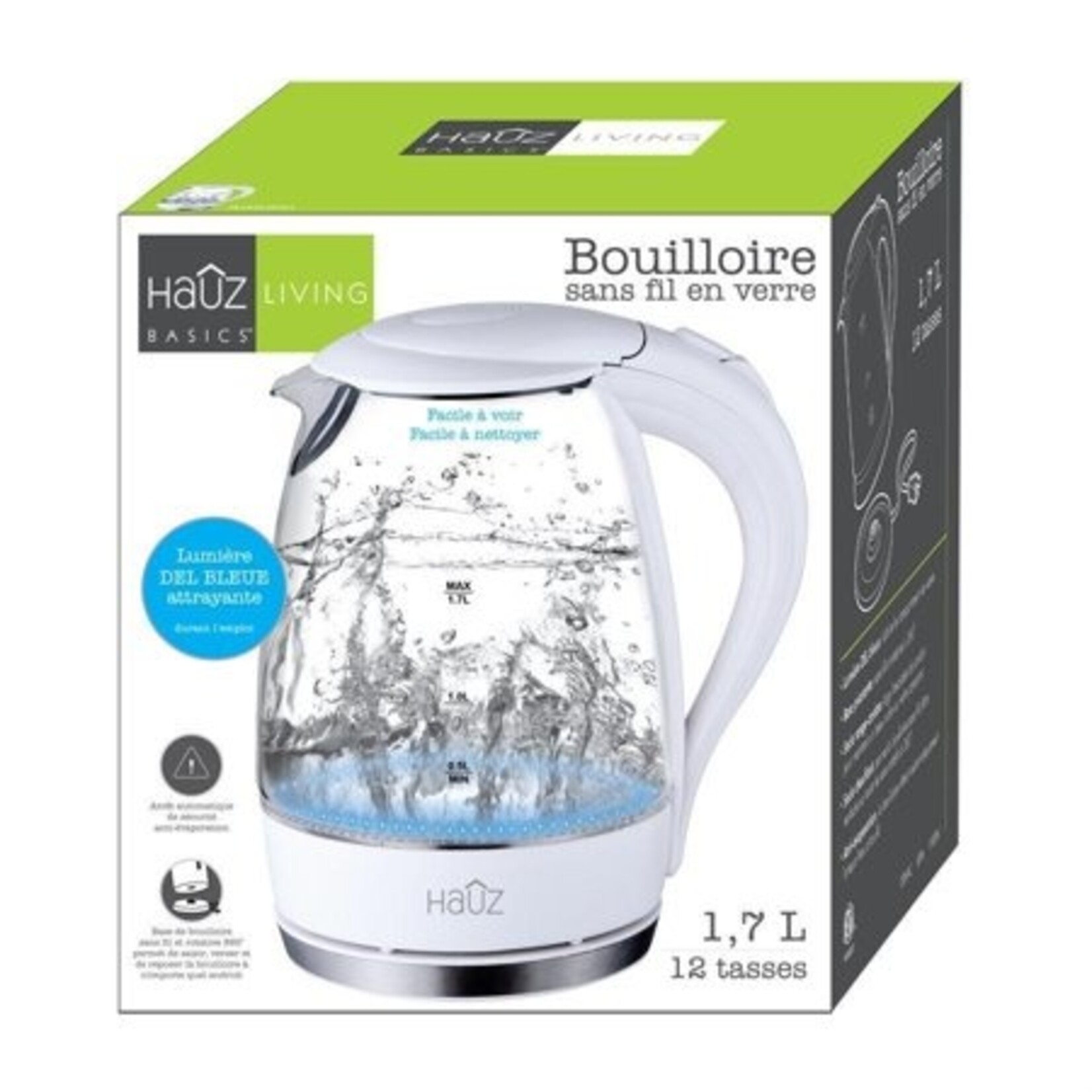 Hauz Bouilloire en verre éclairée par LED bleue 12 tasses 1,7 litre Blanc