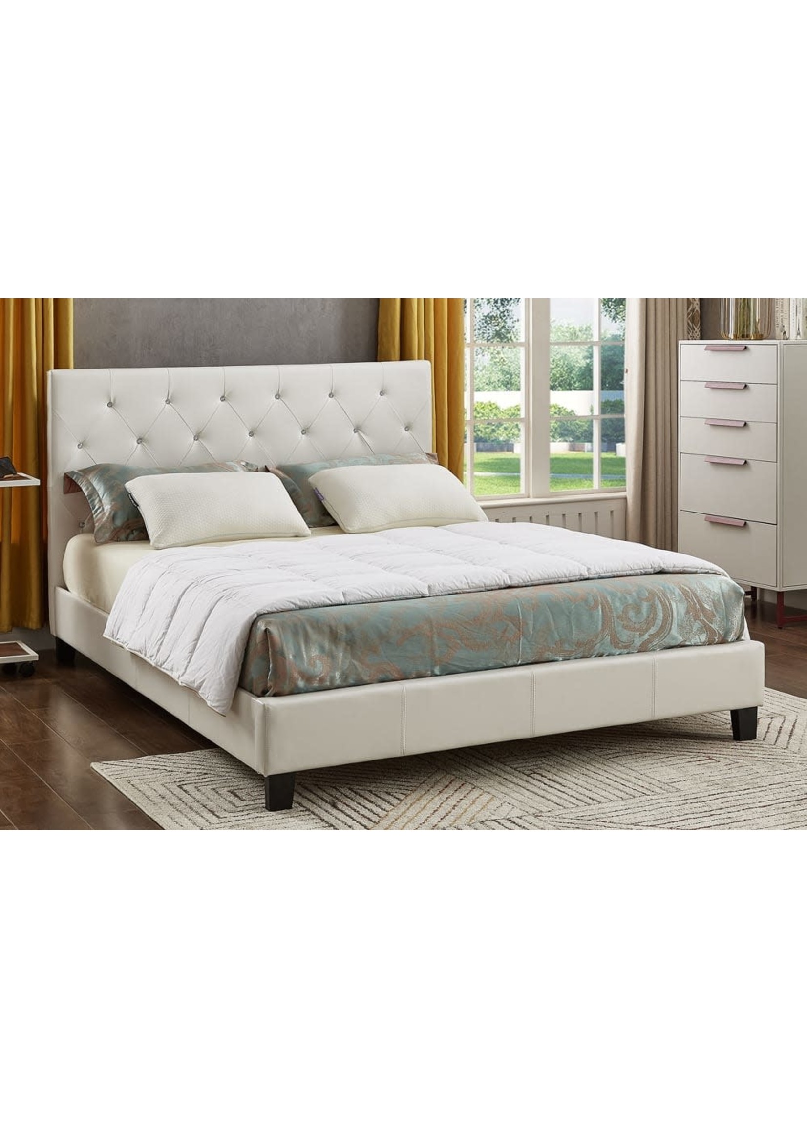 WHITE FX LEATHER UPHOLSTERED BED FRAME