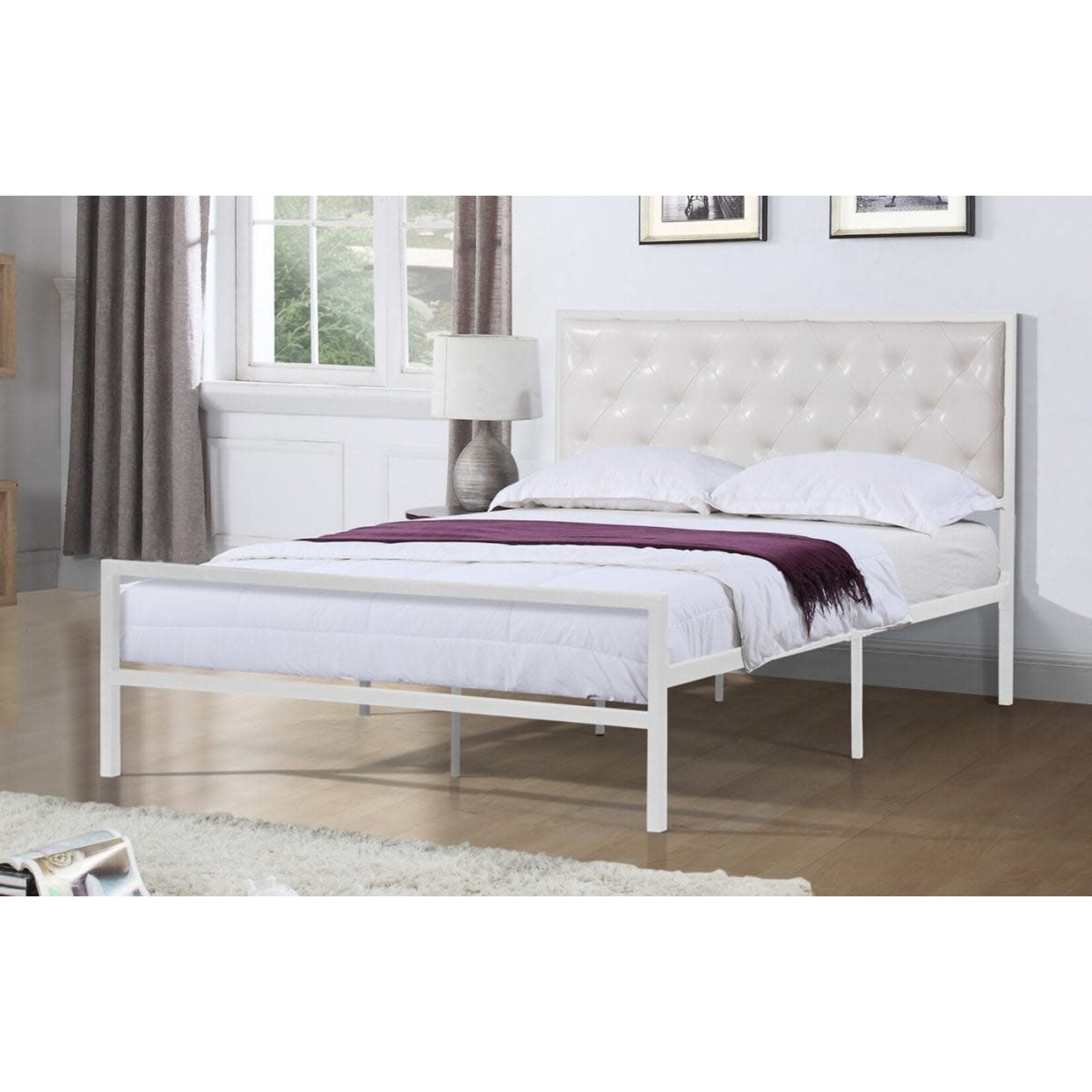 T2208 White Metal Bed Frame White Leatherette, Twin