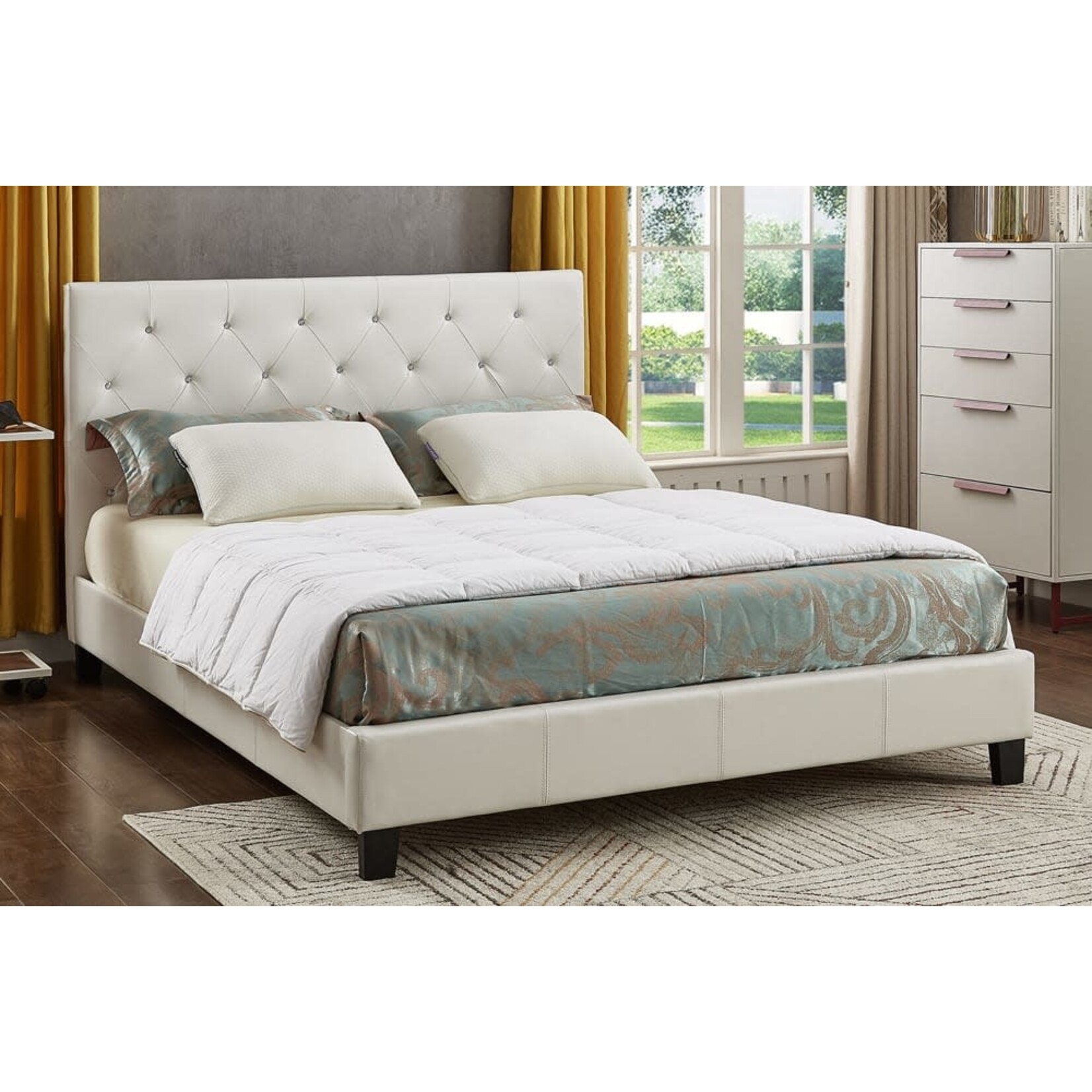 WHITE FX LEATHER UPHOLSTERED BED FRAME