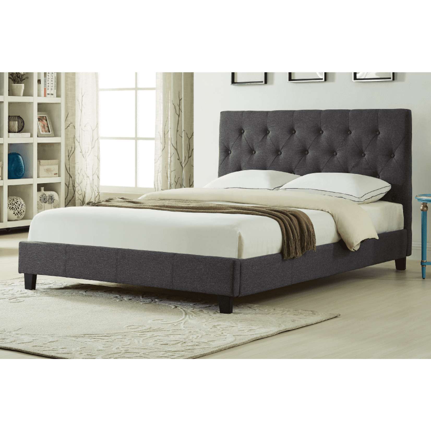 Dark Grey Button Tufted Upholstered Platform Bed