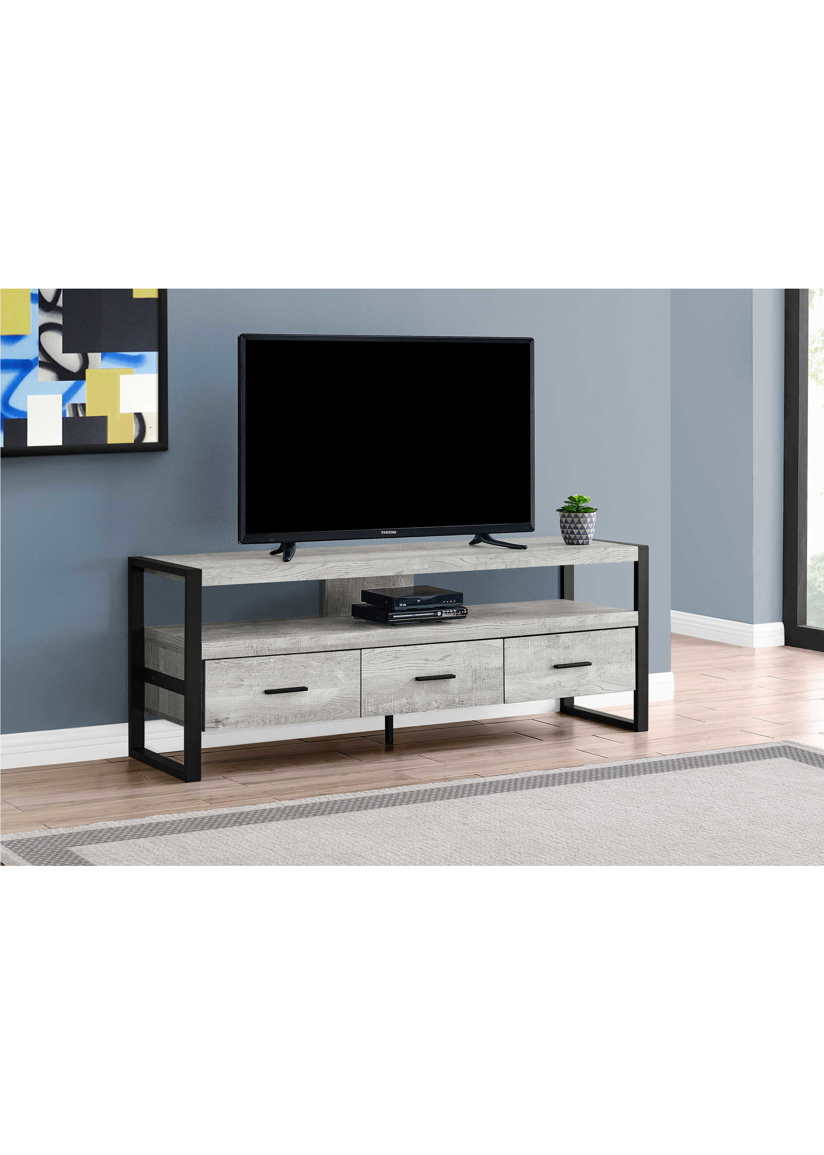 MEUBLE TV - 60"L / SIMILI BOIS GRIS / 3 TIROIRS