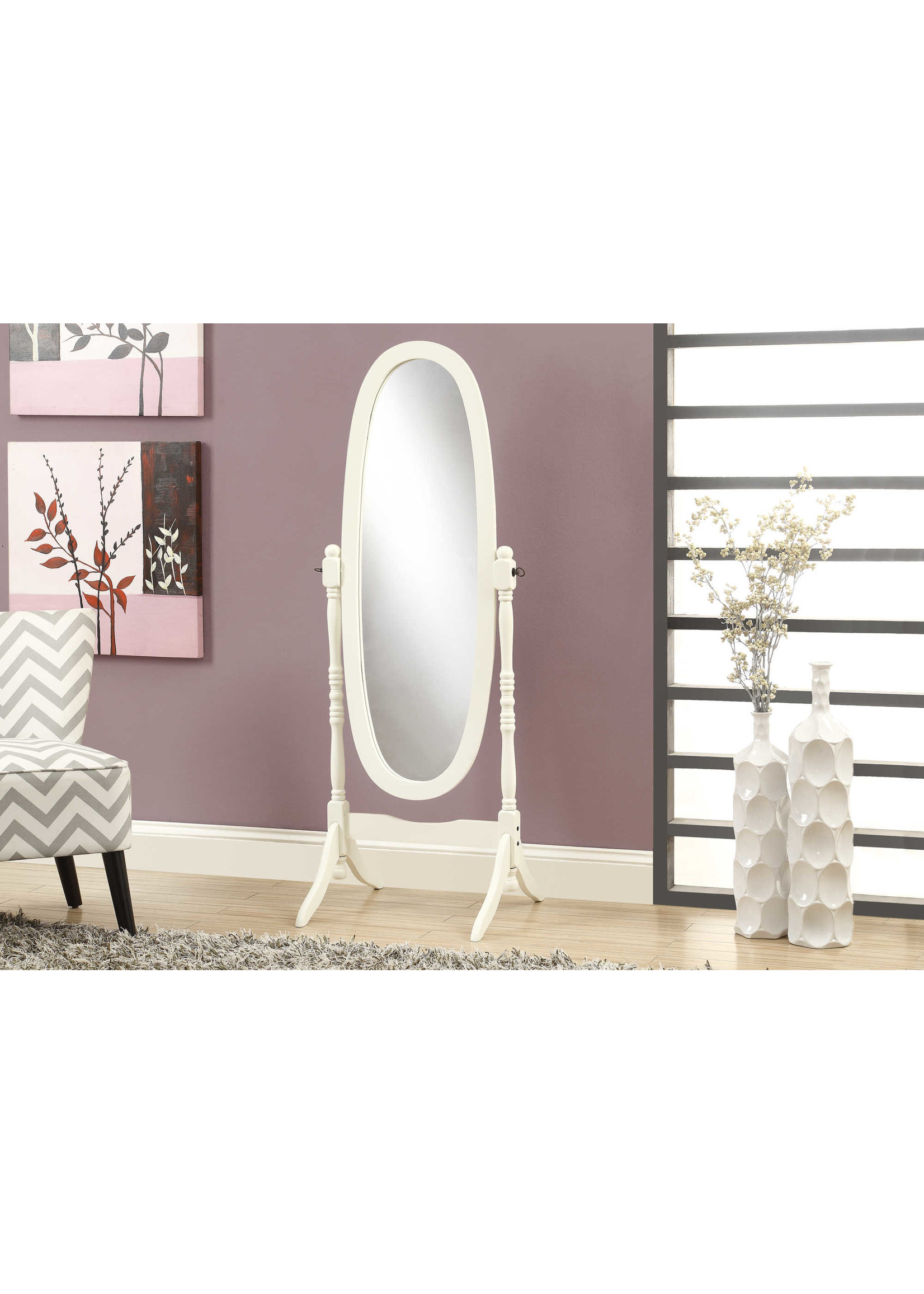 MIROIR - 59"H / BOIS MASSIF OVALE SUR PIED BLANC ANTIQUE