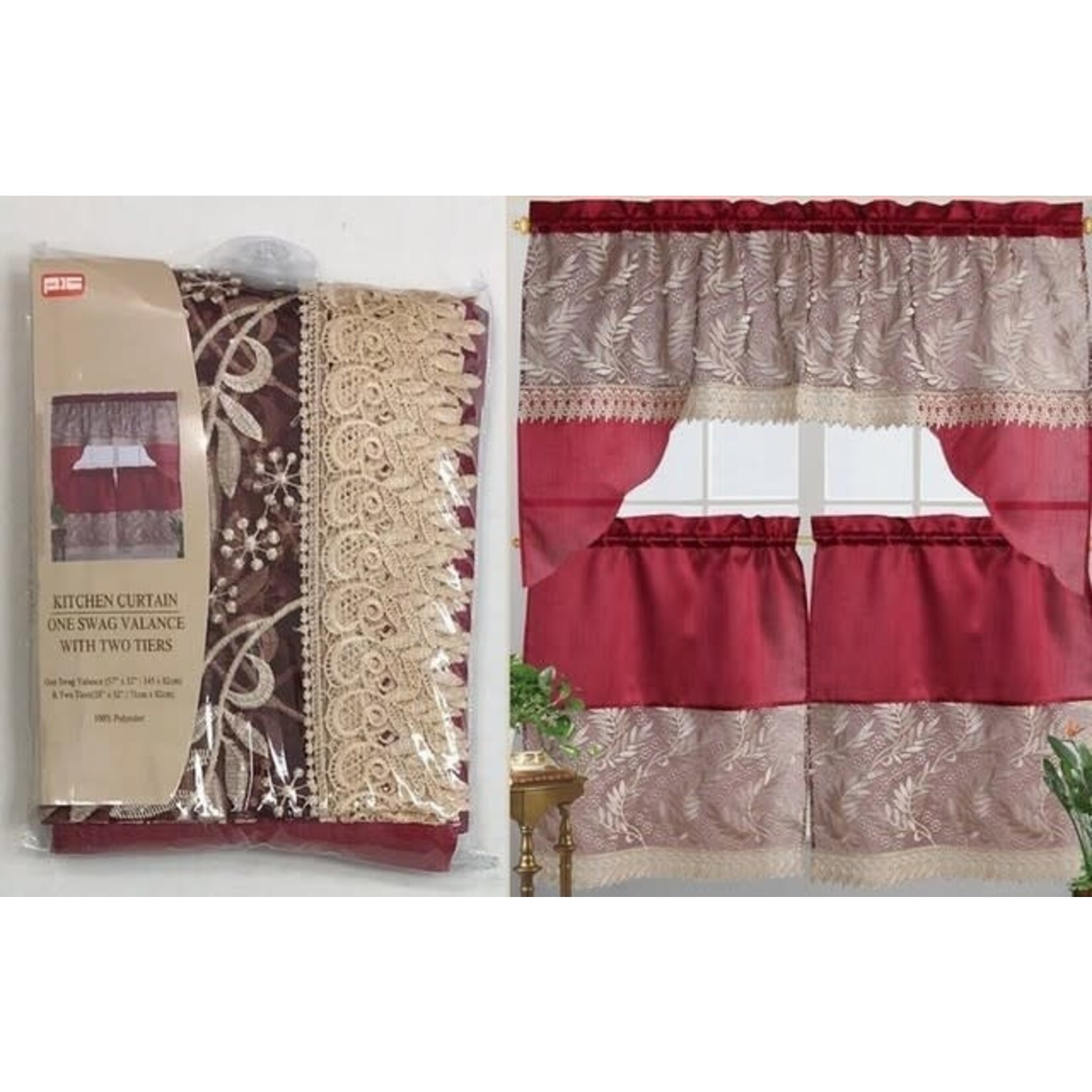 3 pcs Lace Swag &Tier Set-Leaves/Red