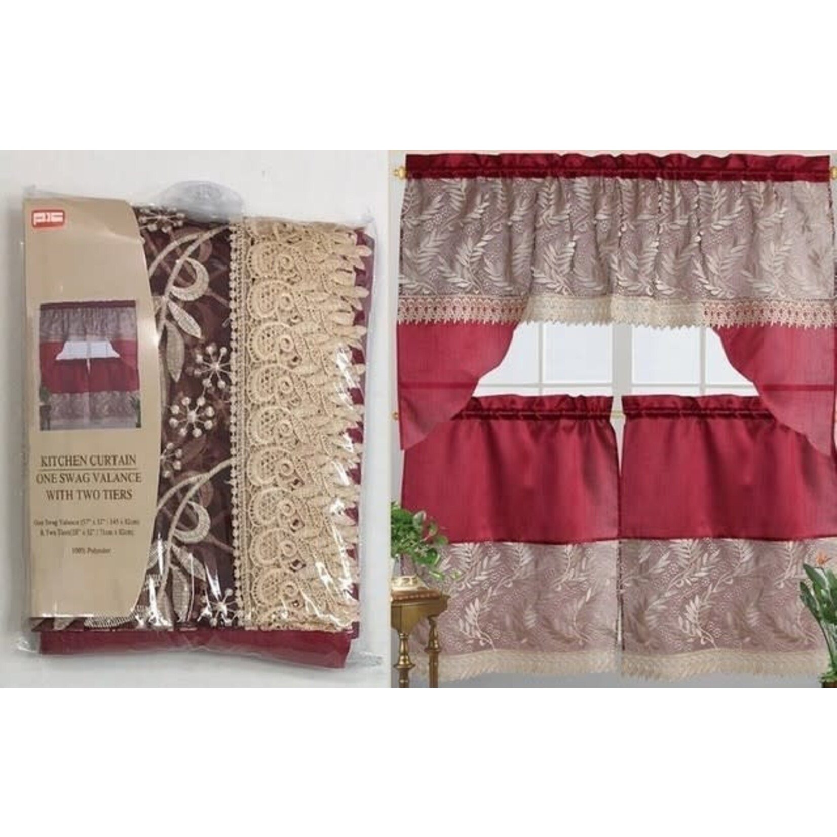 Ens.de 3 Pièce Rideau de Cuisine Butin de Dentelle et Étages Feuilles/Rouge