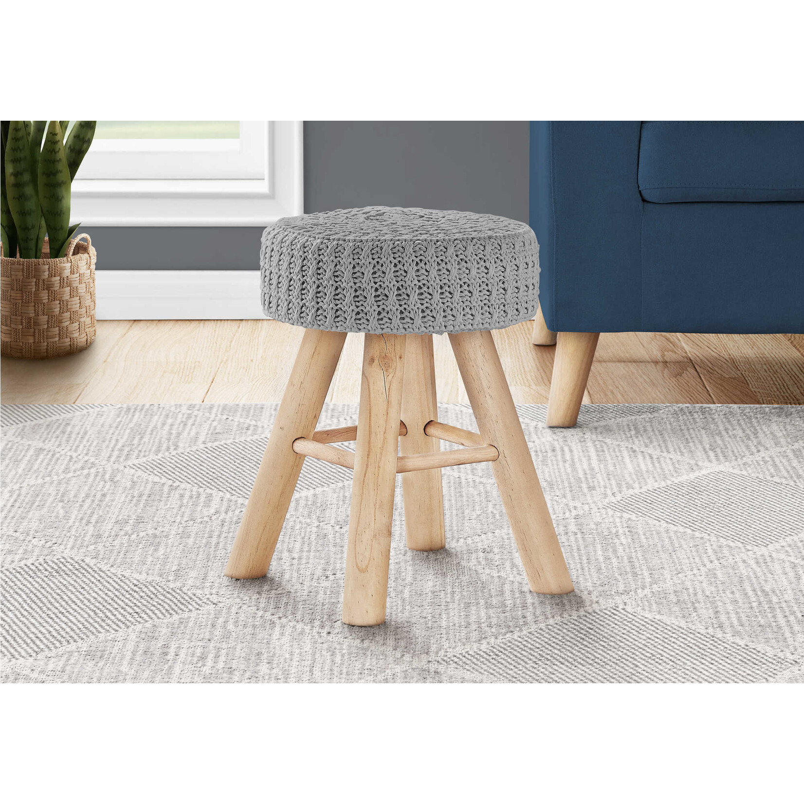 Ottoman, Pouf, Repose Pieds, Tabouret, 12" Rond, Velours, Pattes En Bois, Gris, Naturel, Contemporain, Moderne