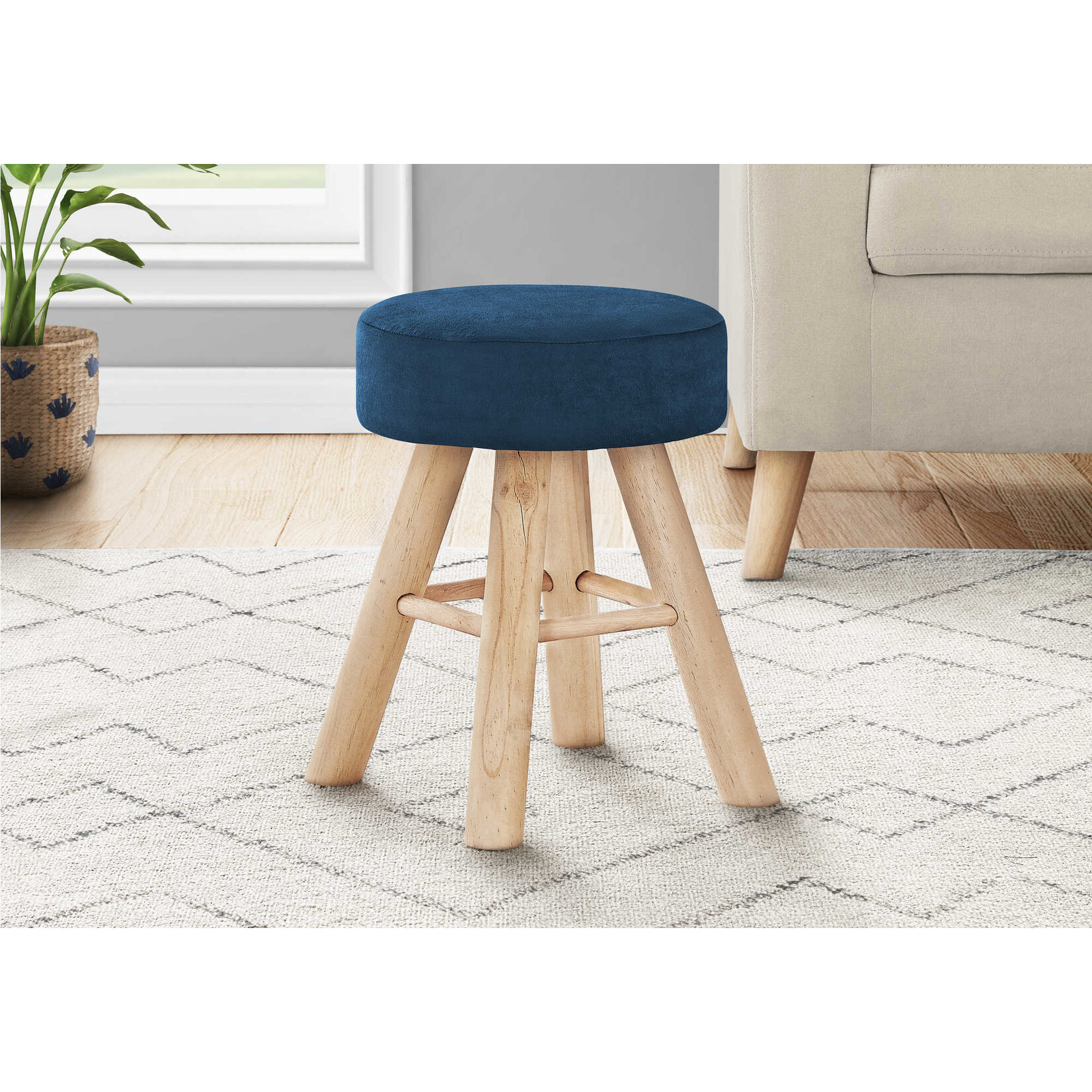 POUF - VELOUR BLEU / PATTES BOIS NATUREL