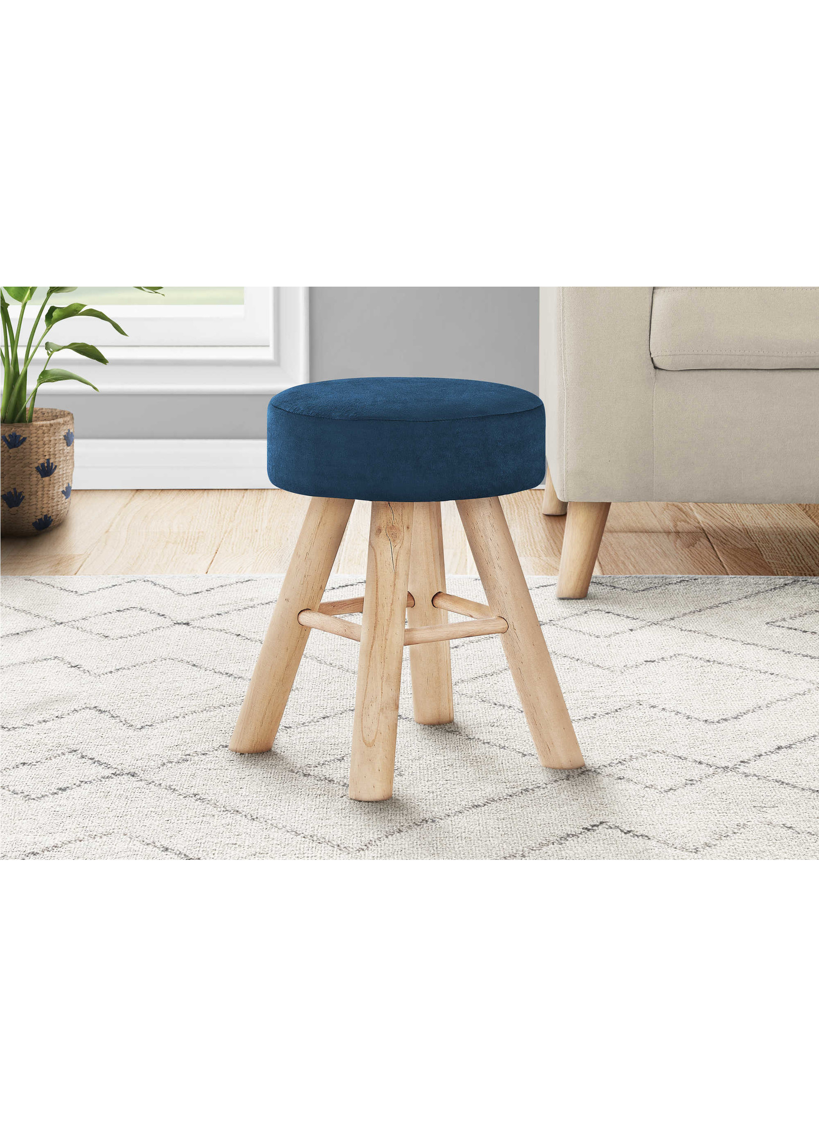 OTTOMAN - BLUE VELVET / NATURAL WOOD LEGS