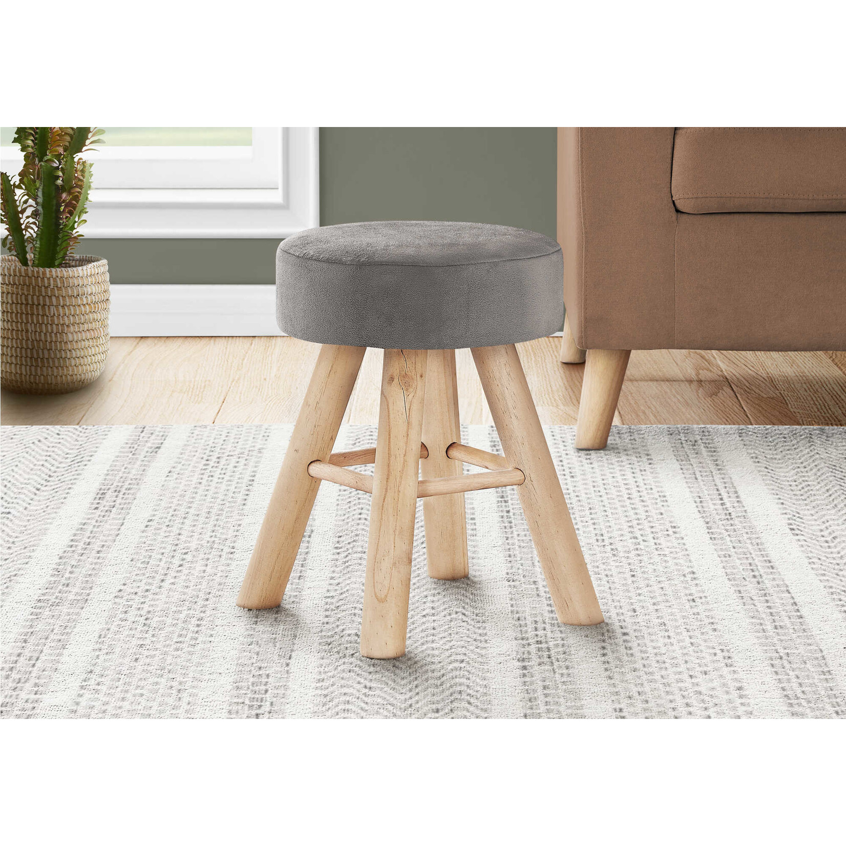 Ottoman, Pouf, Repose Pieds, Tabouret, 12" Rond, Velours, Pattes En Bois, Gris, Naturel, Contemporain, Moderne