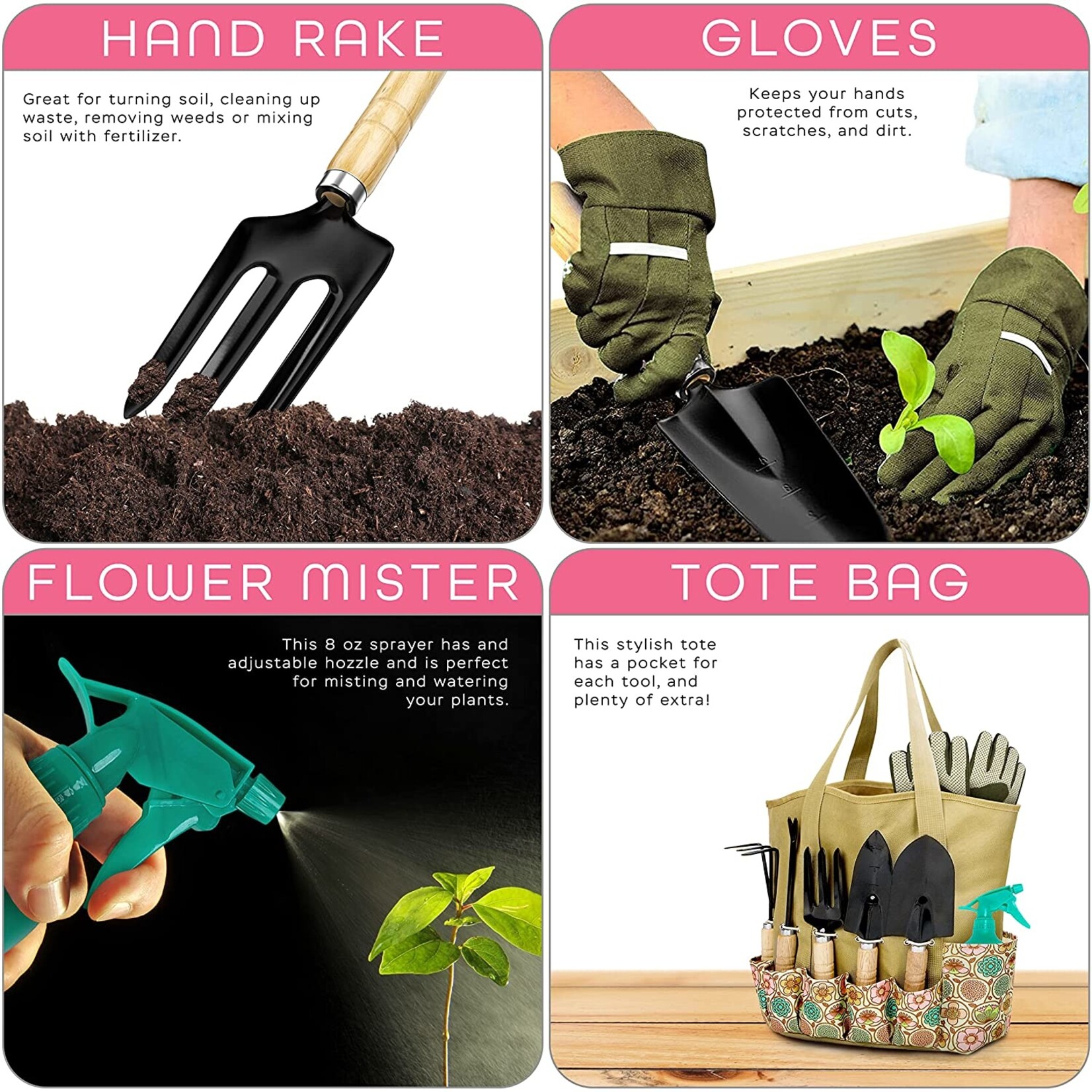 TIA MARIA Scuddles - Garden Tools Set - 8 Piece Gardening Tools with Storage Organizer,