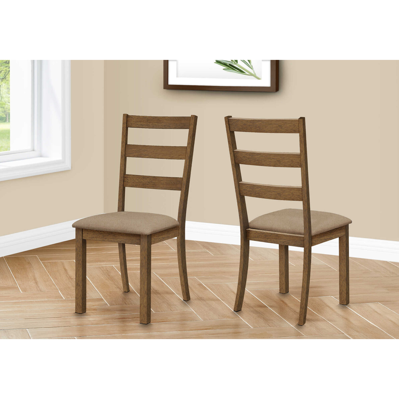 DINING CHAIR - 2PCS / 40"H BROWN WALNUT / BEIGE FABRIC