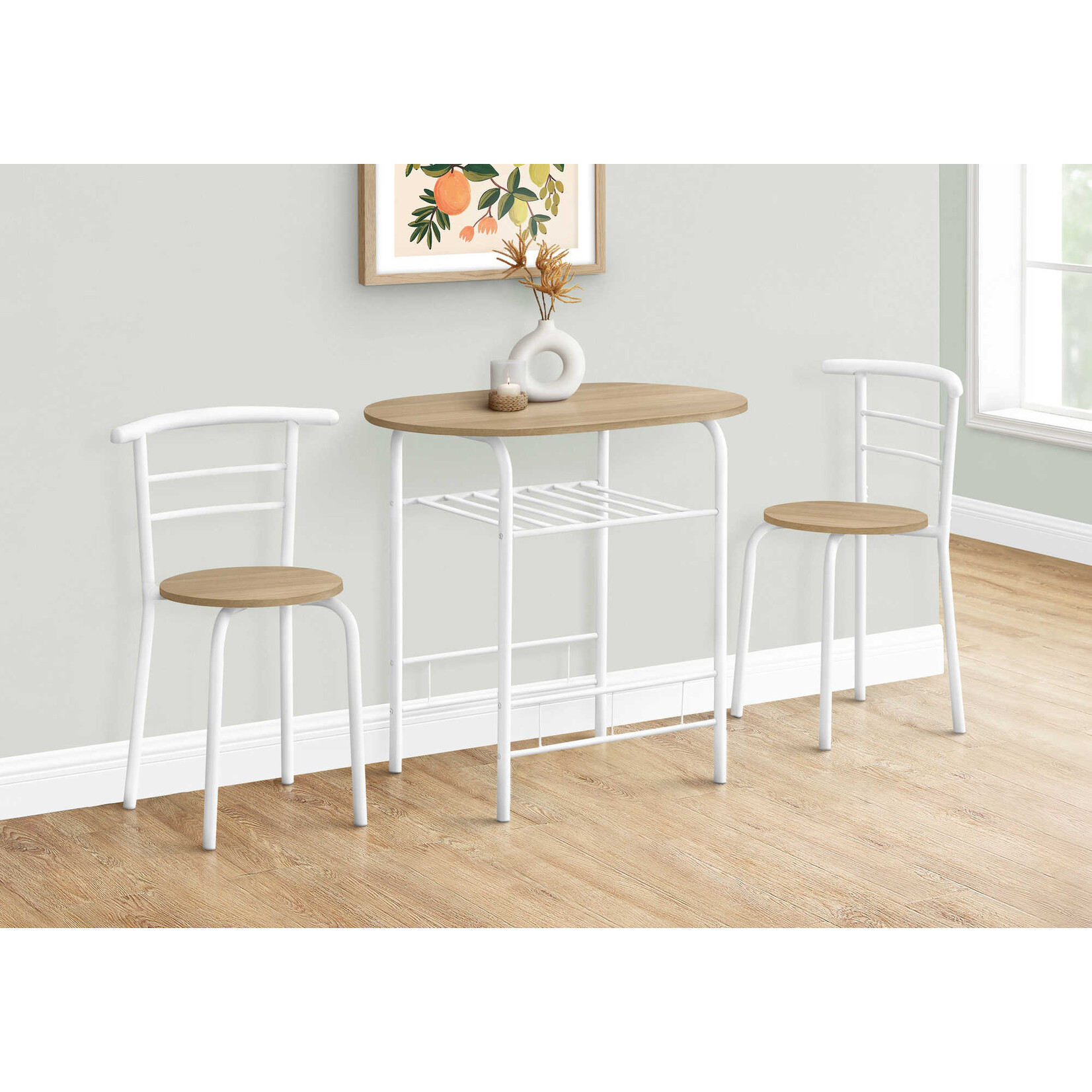 DINING SET - 3PCS SET / NATURAL TOP / WHITE METAL