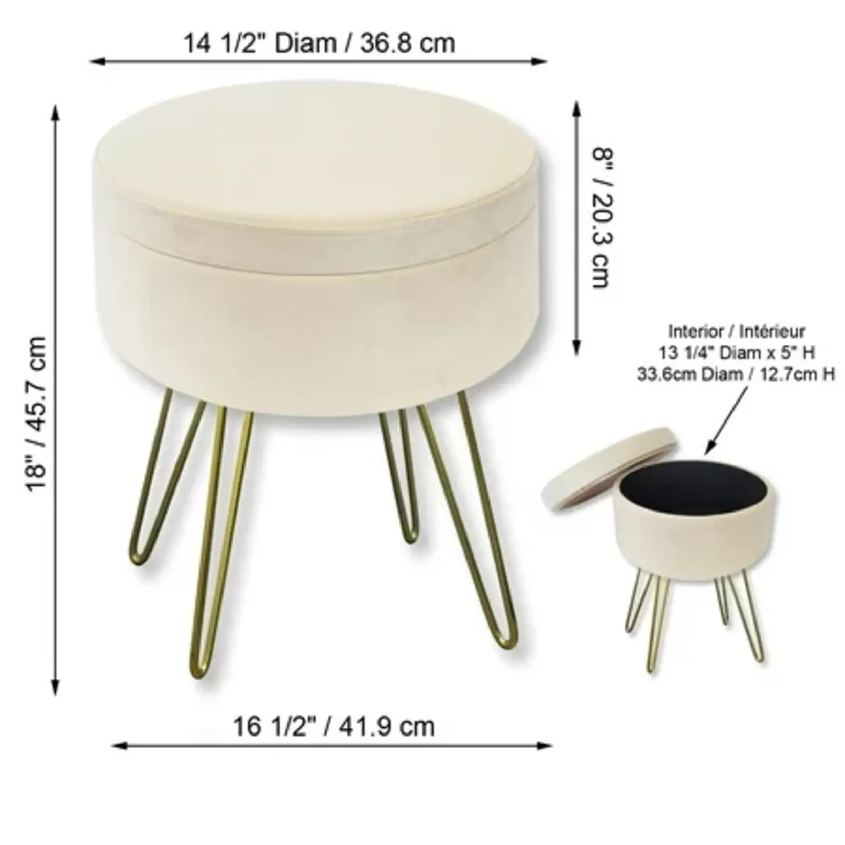 ITY INTERNATIONAL VELVET POUF WITH STORAGE, GOLD LEGS, WHITE