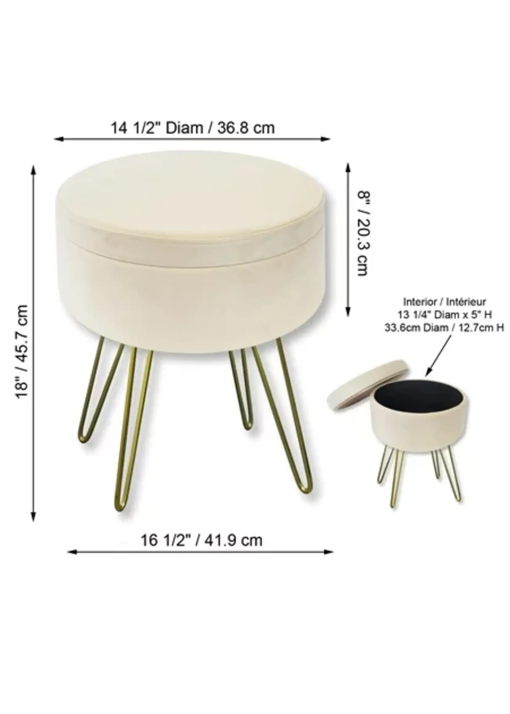 ITY INTERNATIONAL VELVET POUF WITH STORAGE, GOLD LEGS, WHITE