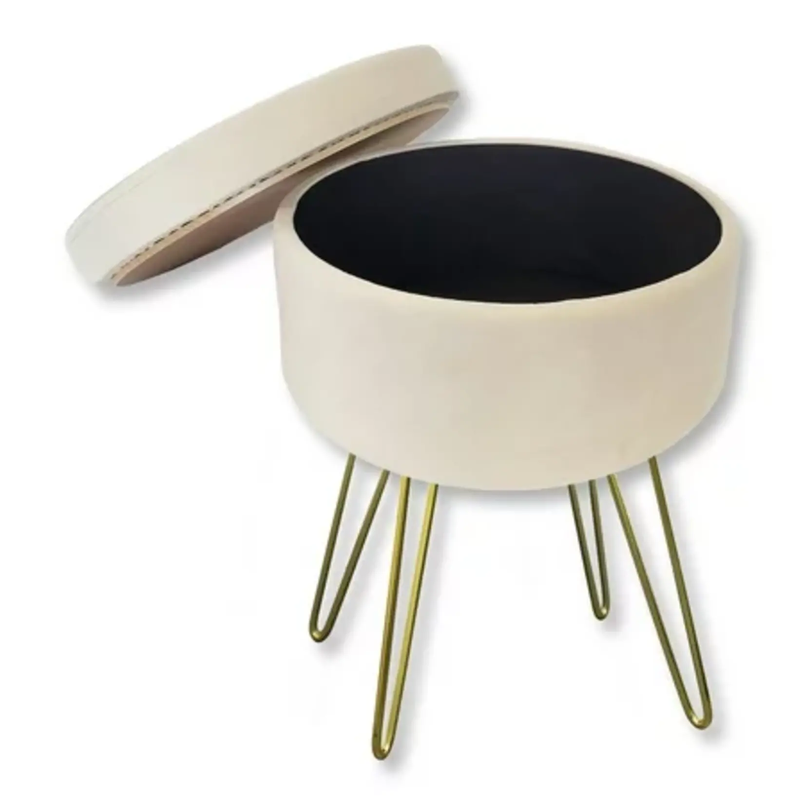 ITY INTERNATIONAL VELVET POUF WITH STORAGE, GOLD LEGS, WHITE