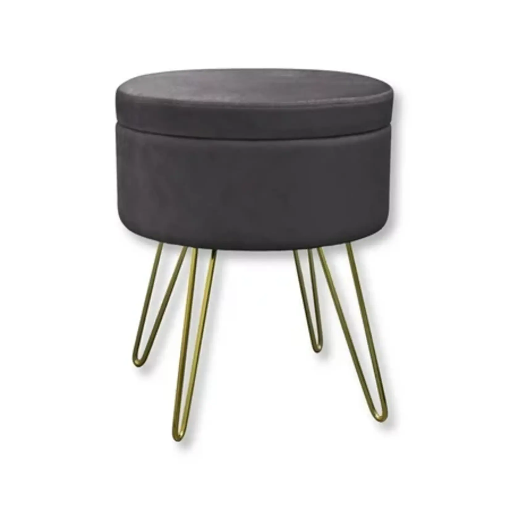 ITY INTERNATIONAL VELVET POUF WITH STORAGE, GOLD LEGS,  GREY