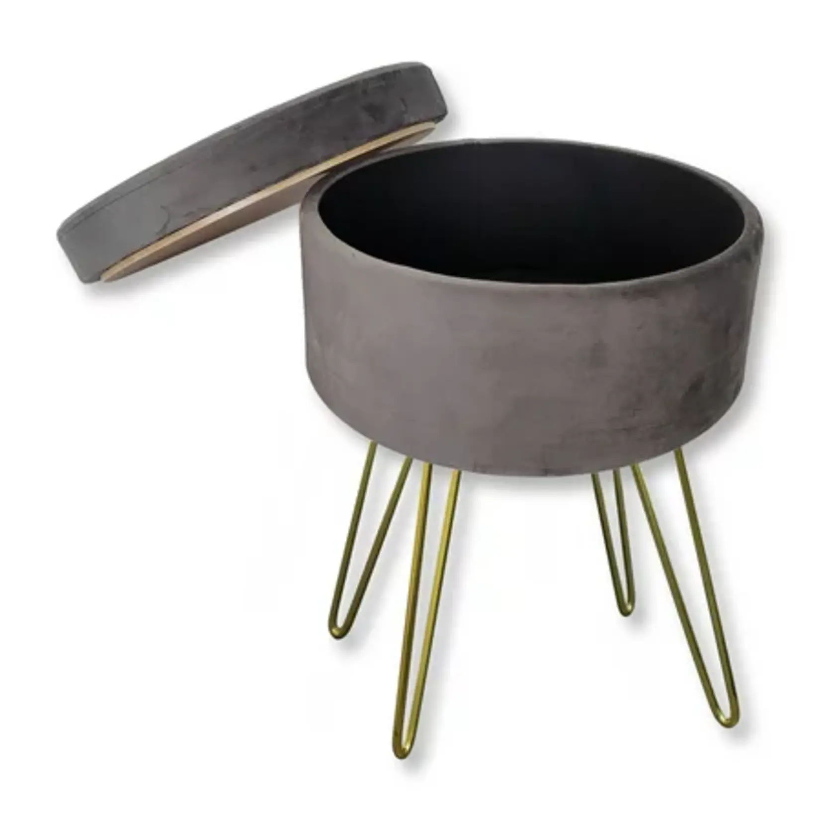 ITY INTERNATIONAL VELVET POUF WITH STORAGE, GOLD LEGS,  GREY