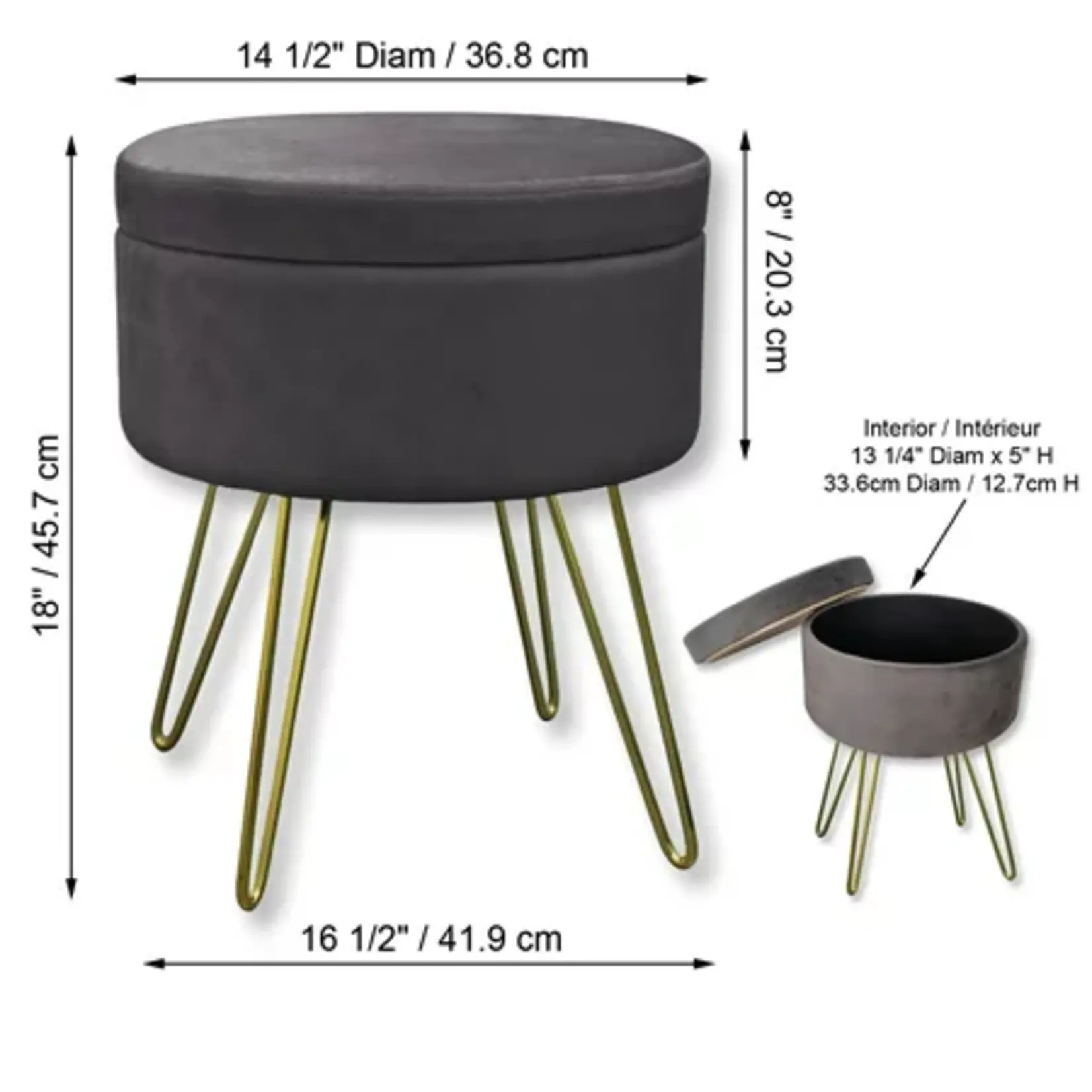 ITY INTERNATIONAL VELVET POUF WITH STORAGE, GOLD LEGS,  GREY