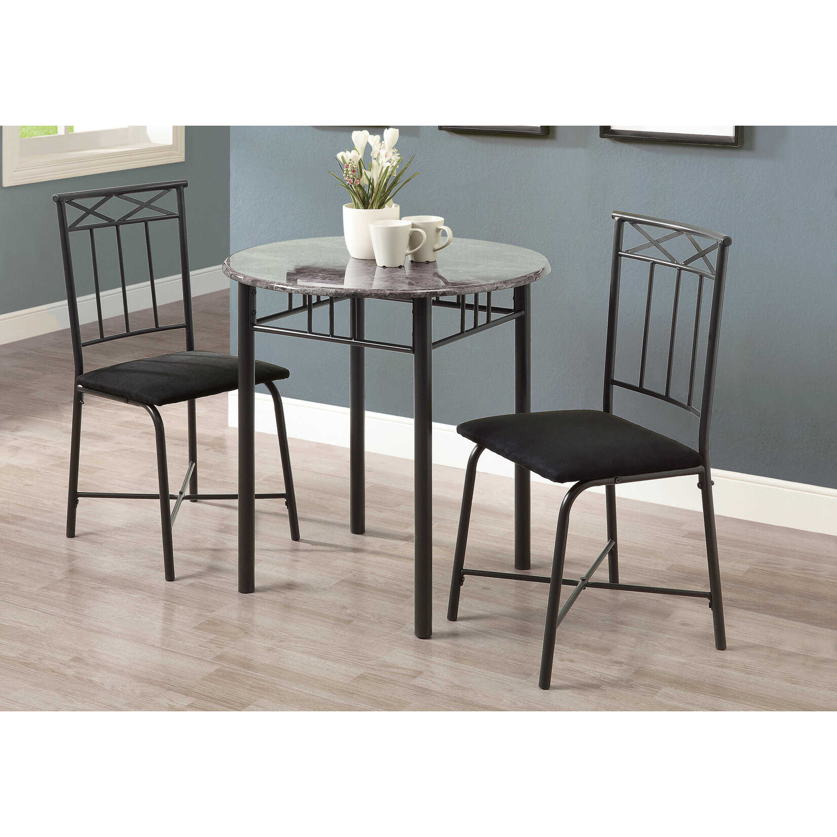 DINING SET - 3PCS SET / GREY MARBLE / CHARCOAL METAL
