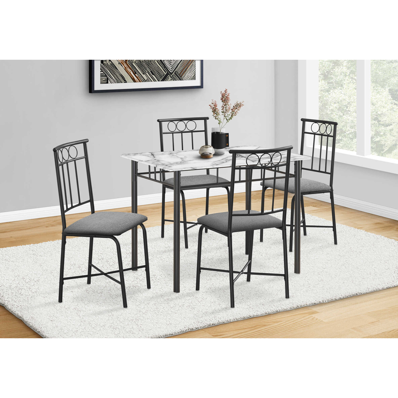 DINING SET - 5PCS SET / WHITE MARBLE TOP / BLACK METAL