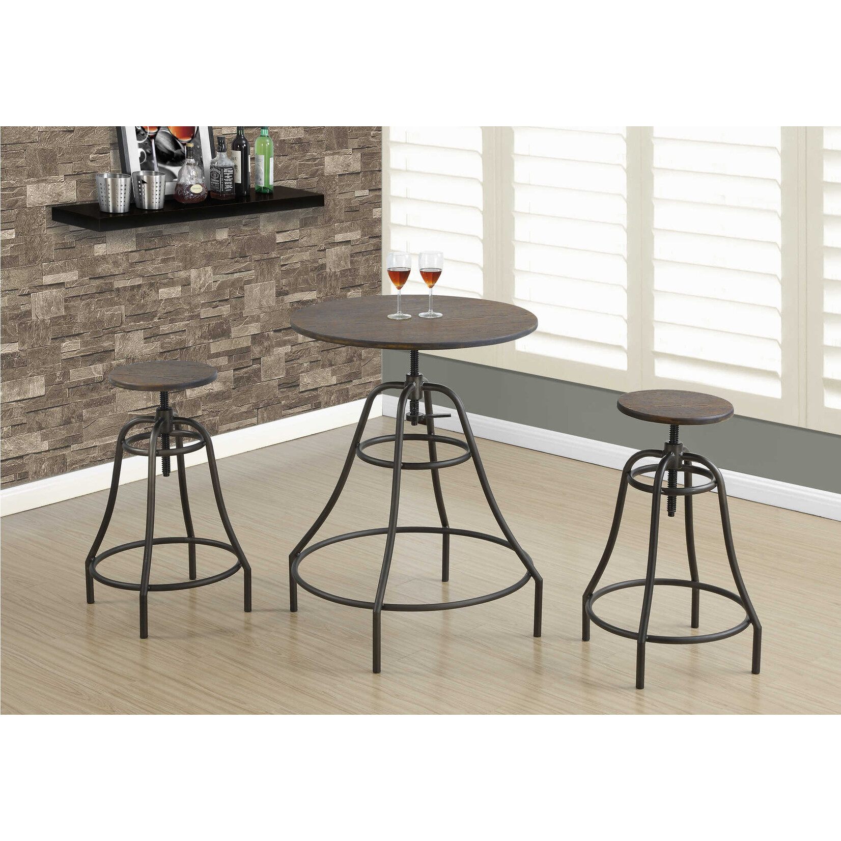 DINING SET - 3PCS SET / DISTRESSED BROWN / BRONZE METAL