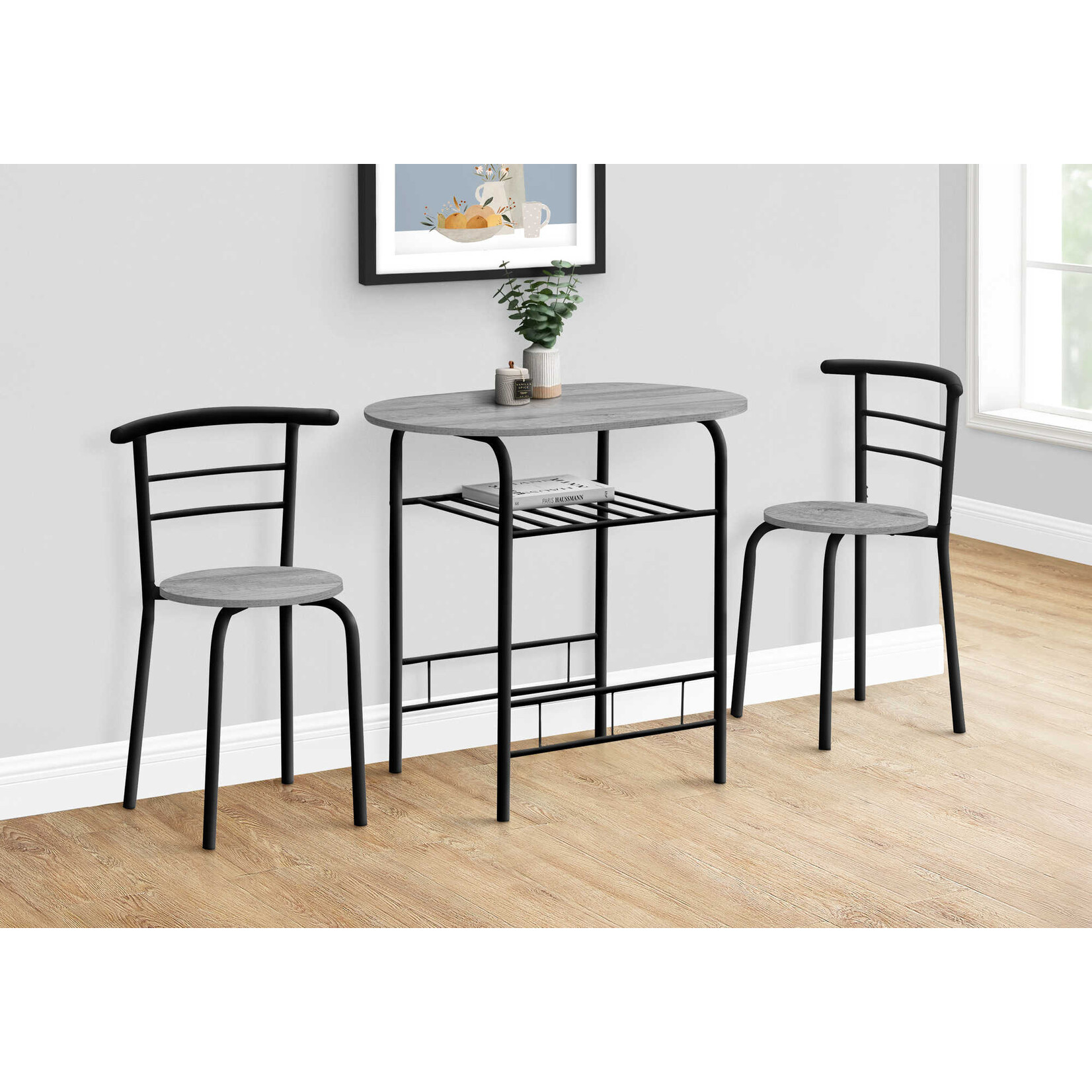 DINING SET - 3PCS SET / GREY TOP / BLACK METAL