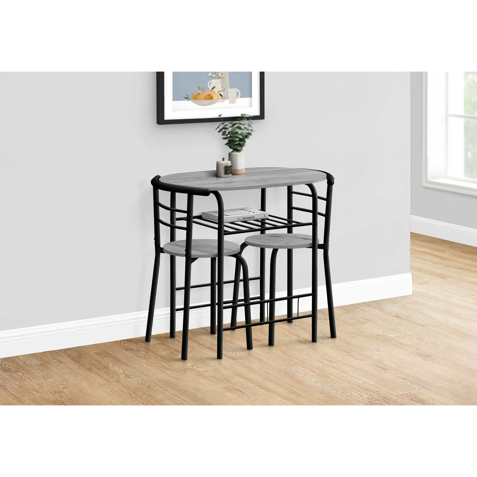 3-Pcs Dining Set, Black Metal Frame, Grey Top