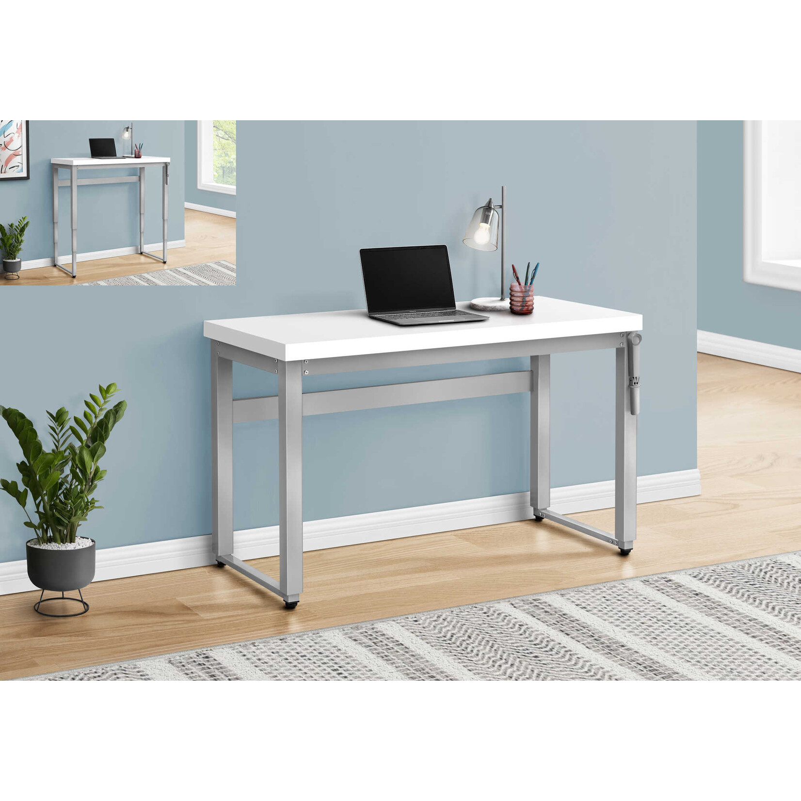 COMPUTER DESK - 48"L / WHITE / ADJ.HEIGHT/ SILVER METAL