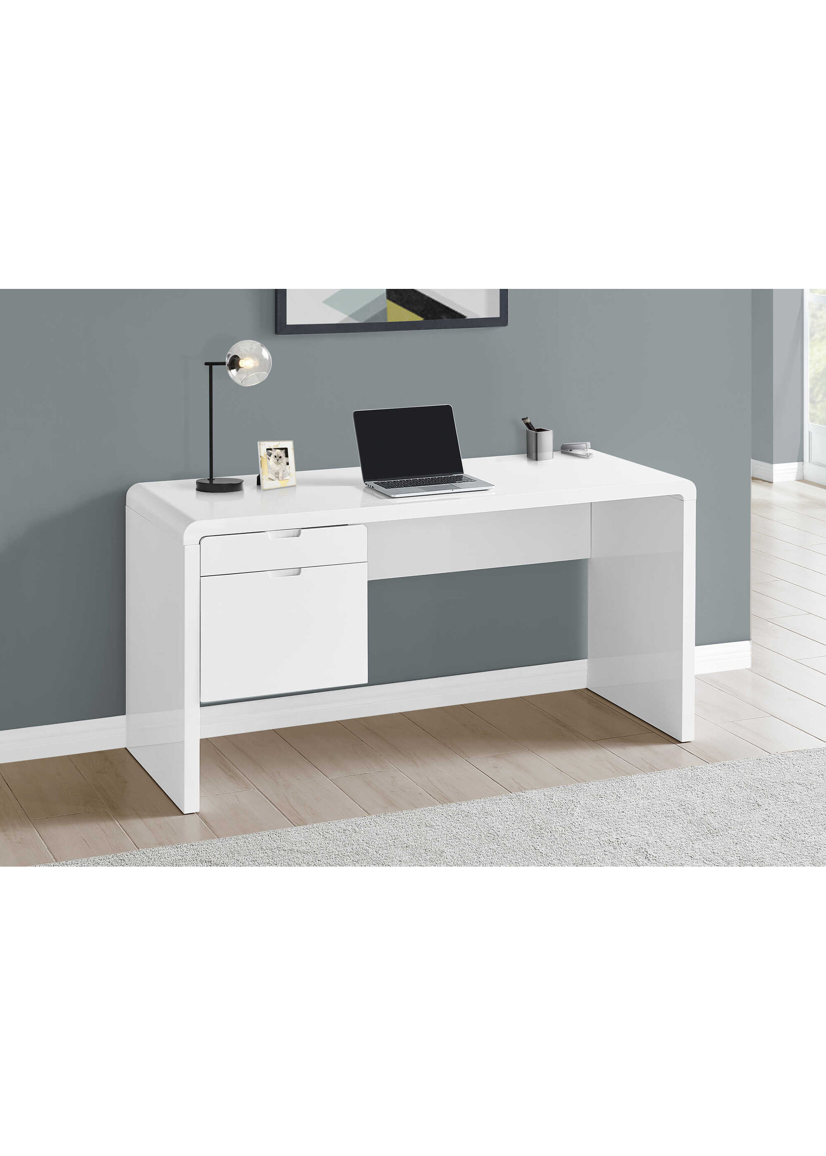 BUREAU - 60"L / BLANC LUSTRE / TIROIR COTE DROIT / GAUCHE