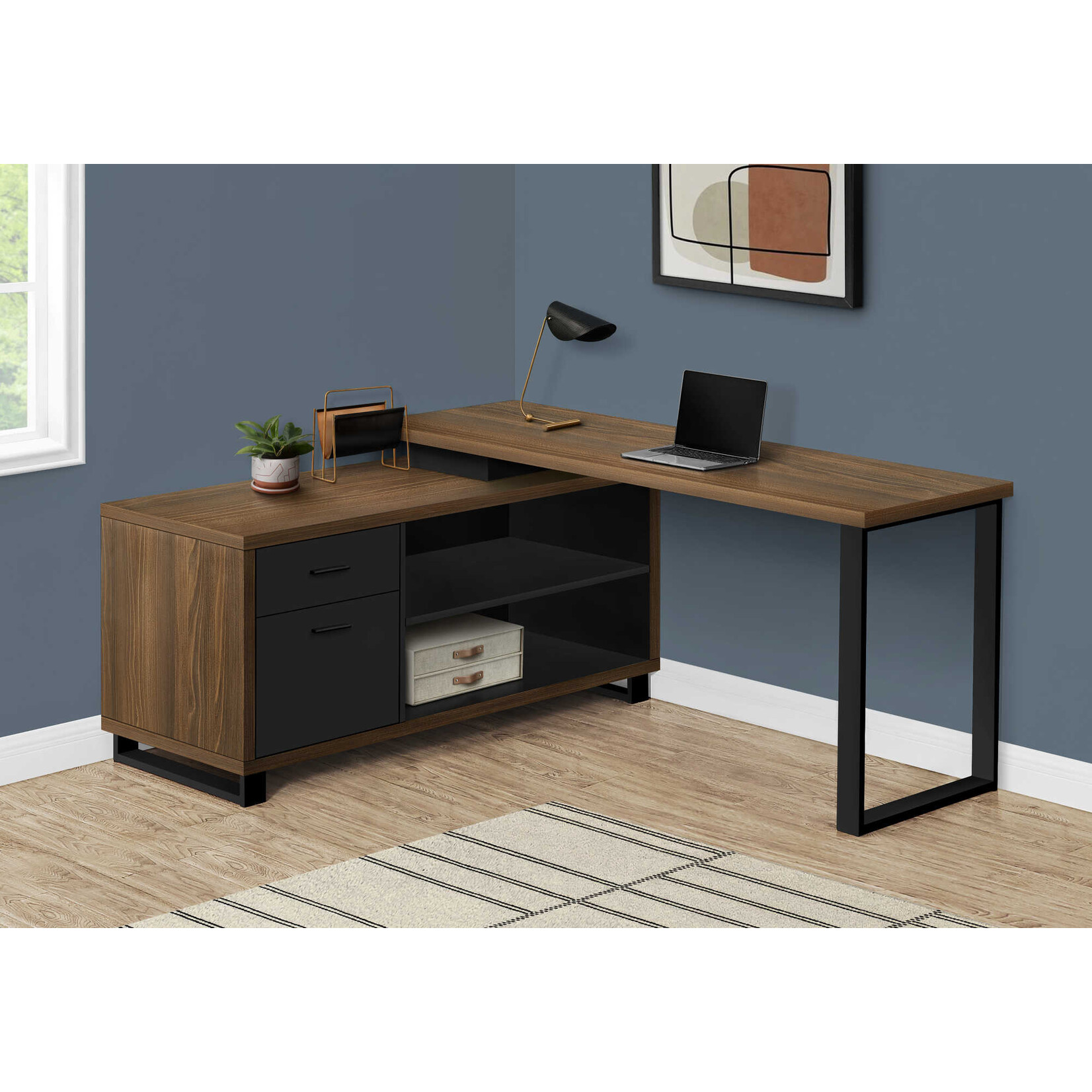COMPUTER DESK - 72"L WALNUT / BLACK EXECUTIVE CORNER