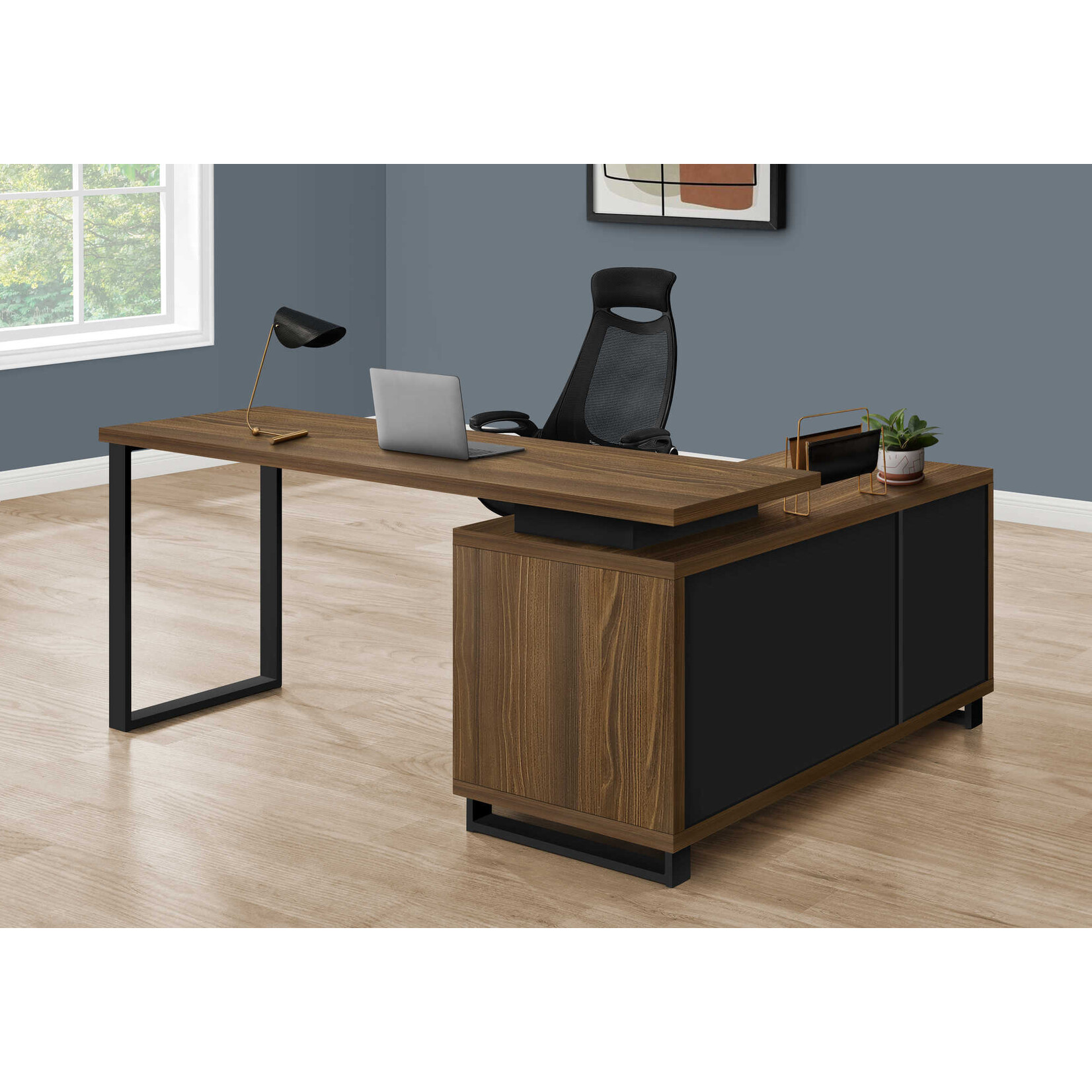 COMPUTER DESK - 72"L WALNUT / BLACK EXECUTIVE CORNER