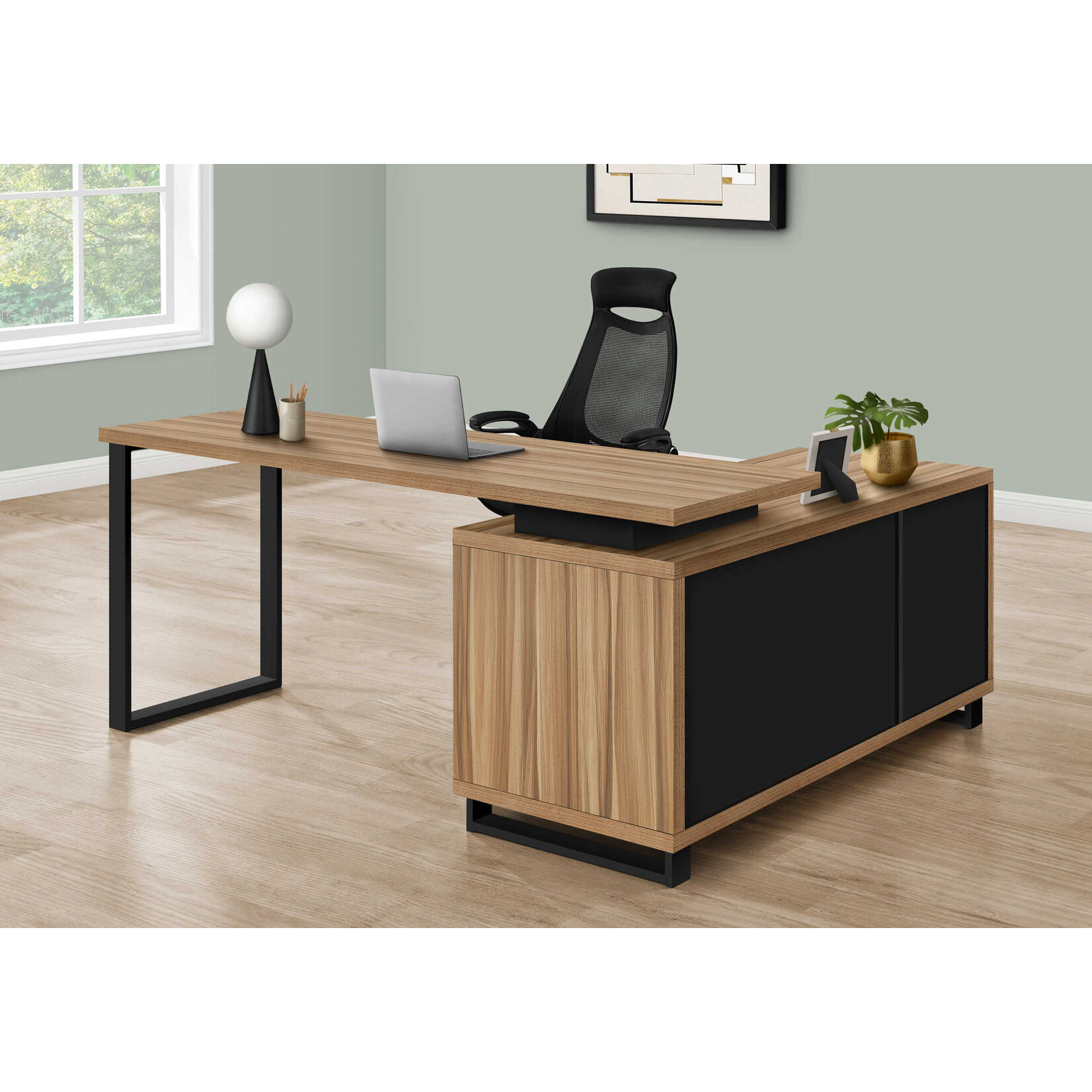 BUREAU - 72"L / EN COIN EXECUTIF FAUX BOIS PALE / NOIR