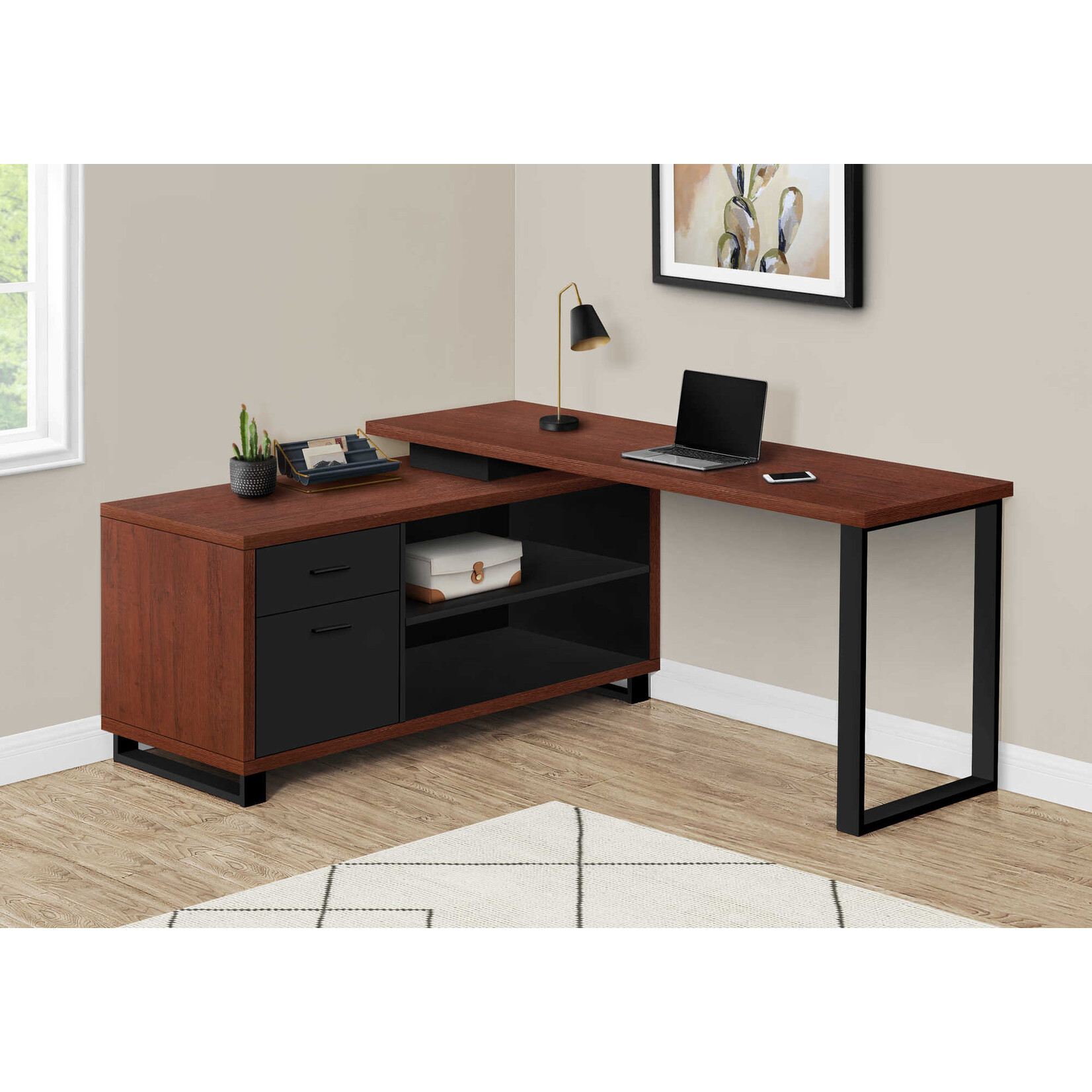 COMPUTER DESK - 72"L CHERRY / BLACK EXECUTIVE CORNER